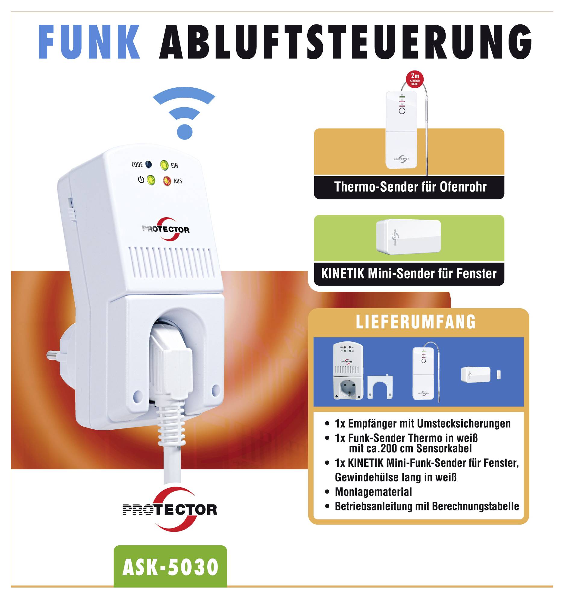 Affiche produit pour « FUNK ABLUFSTEUERUNG » présentant une unité de commande sans fil Protector ASK-5030 et les transmetteurs inclus pour conduit de four et fenêtre, avec la liste du contenu de la livraison.