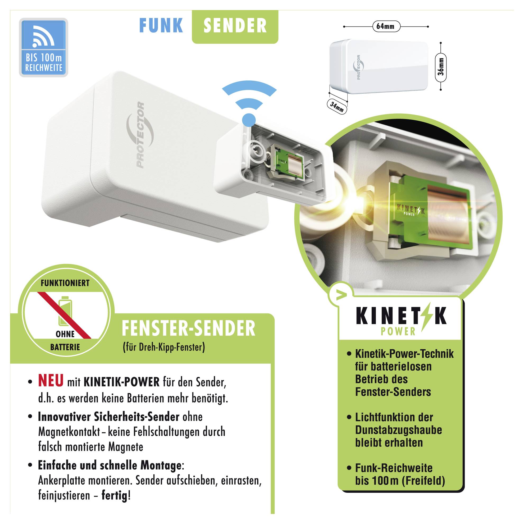 Annonce pour un transmetteur de fenêtre sans fil « Fenster-Sender » avec « Kinetik Power », montrant un capteur compact attaché à une fenêtre et des caractéristiques clés comme l'absence de batterie et une portée de 100 m.