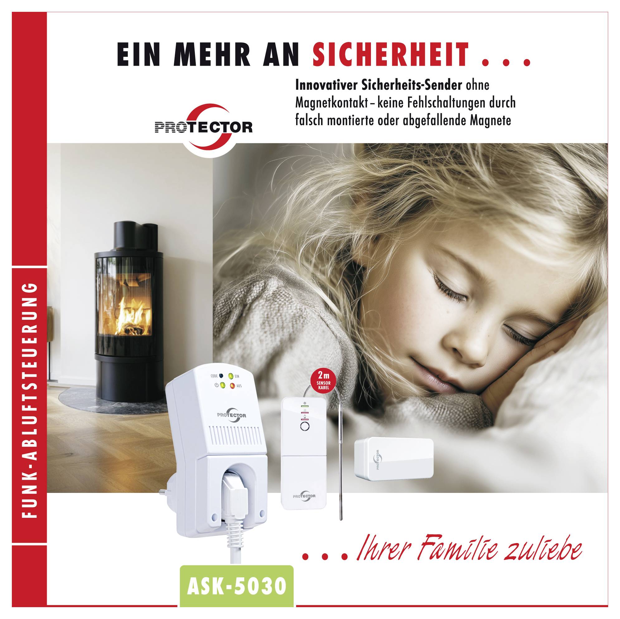 # Annonce pour l'émetteur de sécurité sans fil 'PROTECTOR' ASK-5030, montrant un radiateur et un enfant qui dort ; le texte dit « UN PLUS DE SÉCURITÉ » et « COMMANDE SANS FIL ».