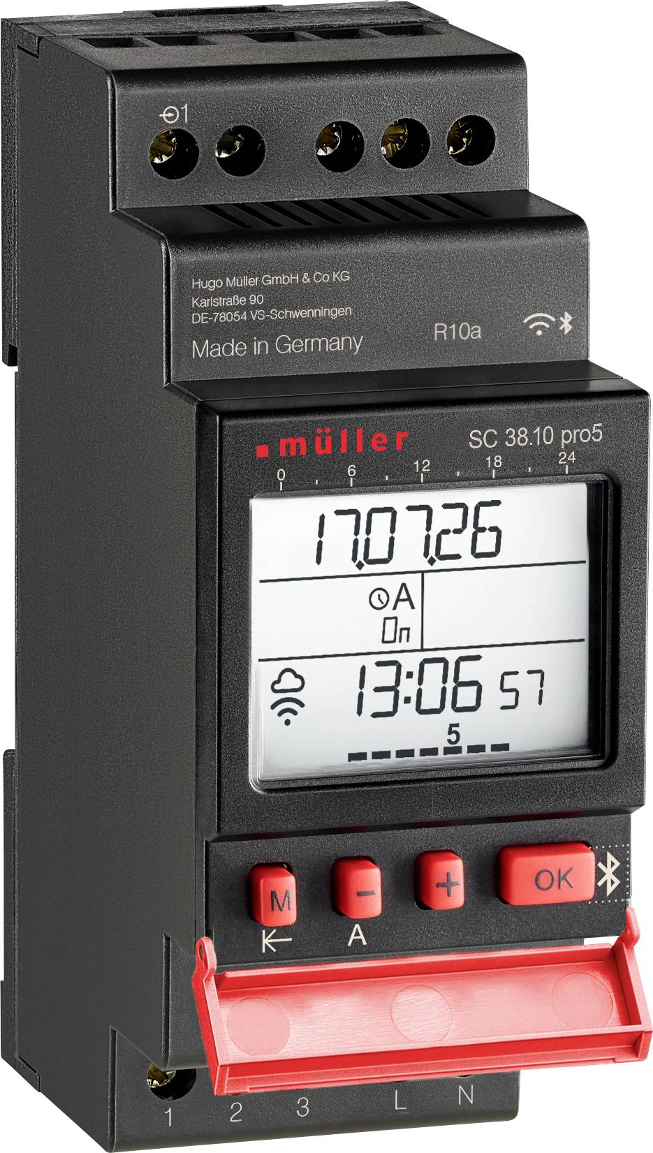 Schwarzes digitales Strohmessgerät mit LCD-Display und roten Tasten, von vorne auf weißem Hintergrund abgebildet.