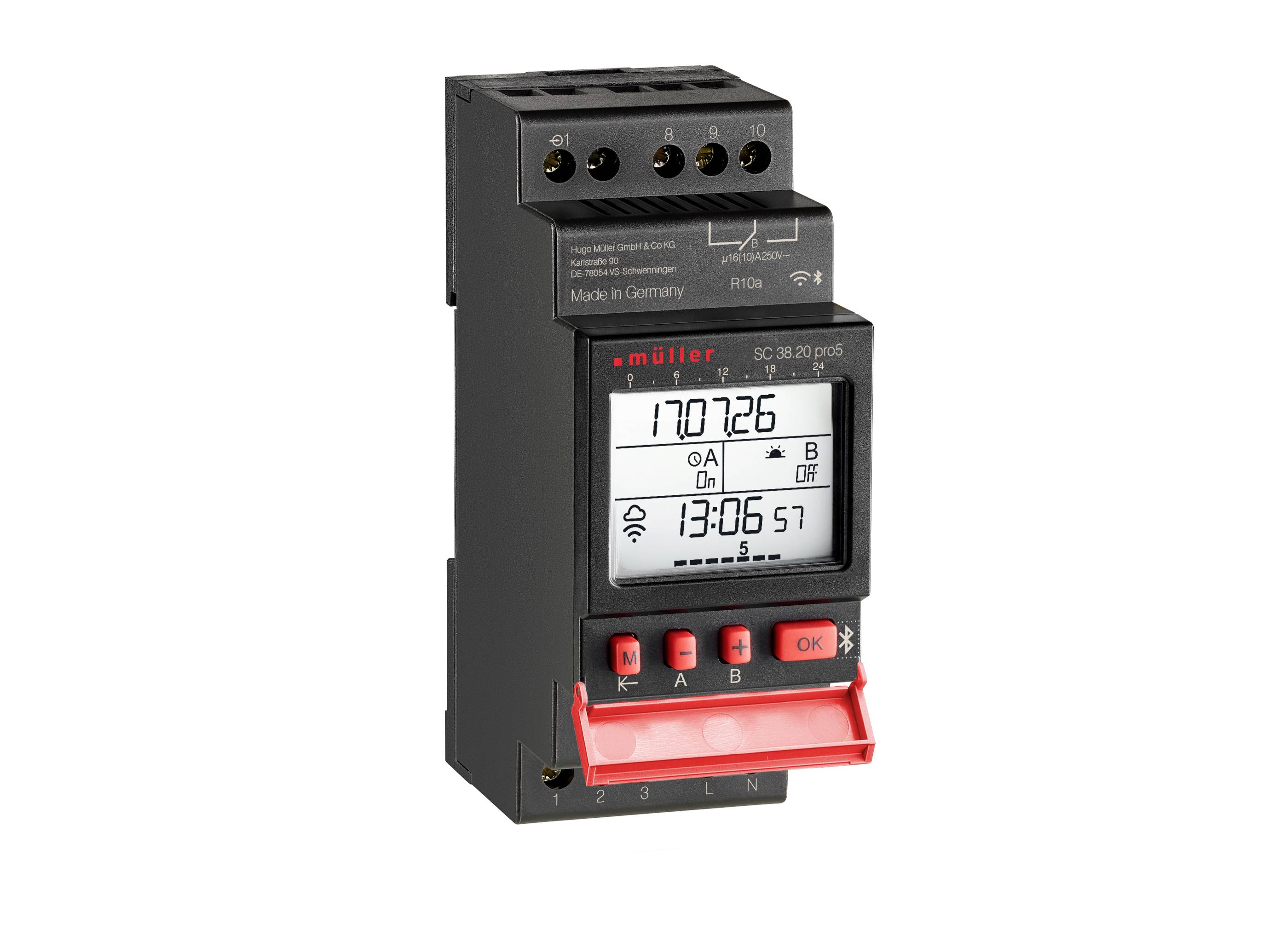 Digital DIN-rail power meter with LCD display showing energy and time readings, red control buttons, and terminal connectors.