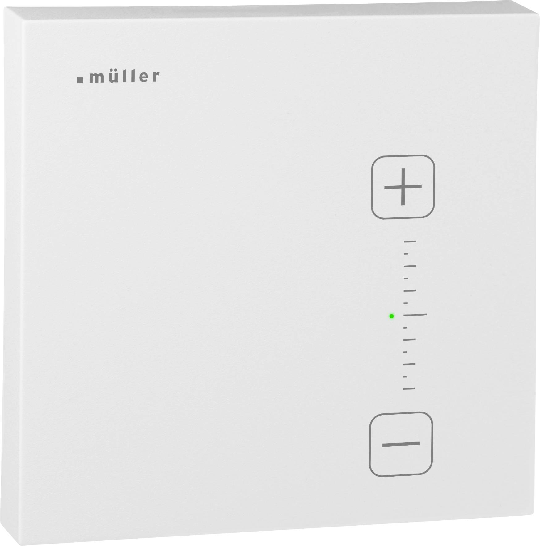 Panneau de commande mural White Müller avec boutons plus et moins, une échelle de niveau verticale et un voyant d'état vert.