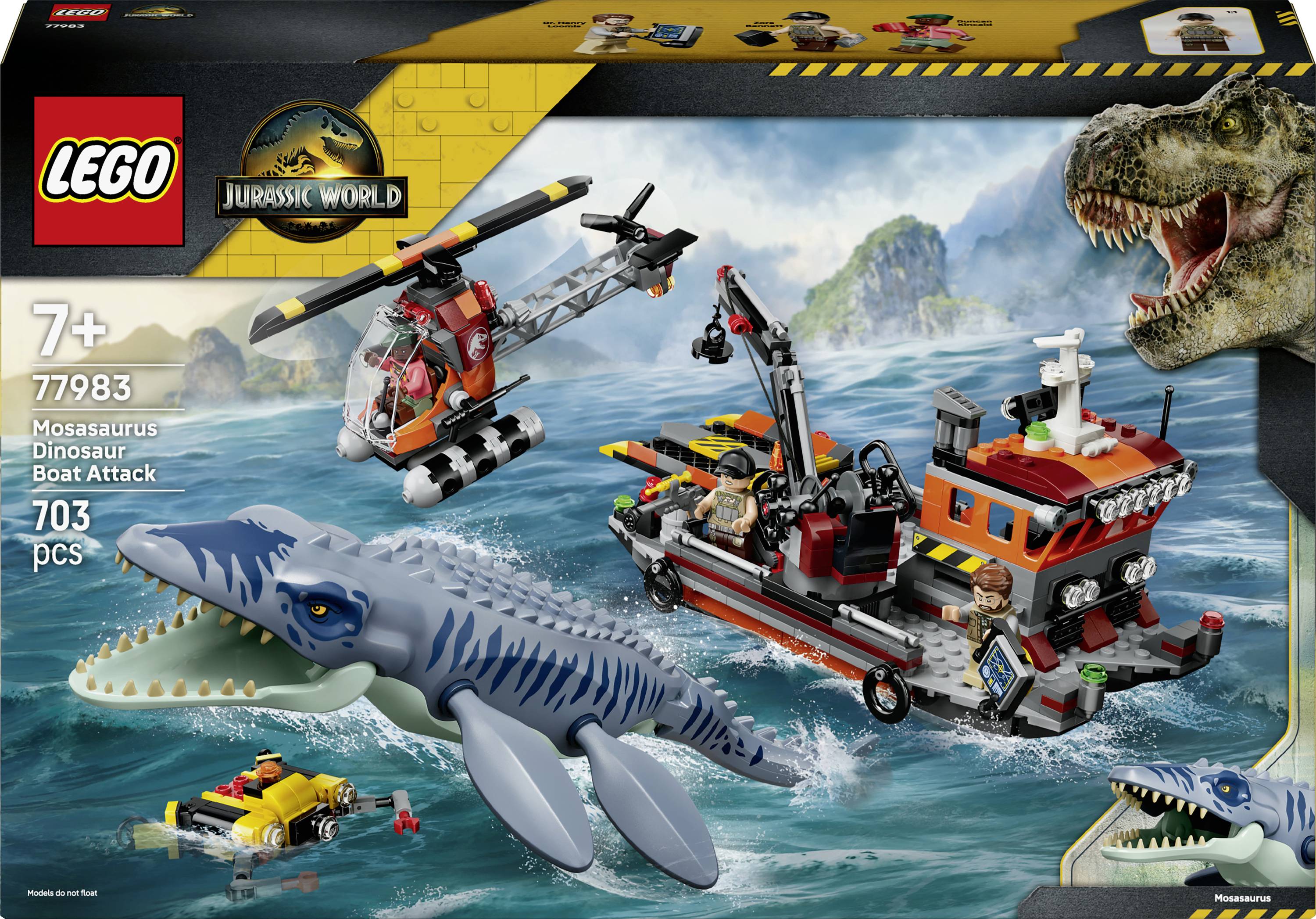 Boîte de coffret LEGO Jurassic World pour « Attaque du Mosasaurus sur le Bateau Dinosaure » (à partir de 7 ans), montrant un bateau, un hélicoptère, des minifigurines et un Mosasaurus géant en mer, 703 pièces.