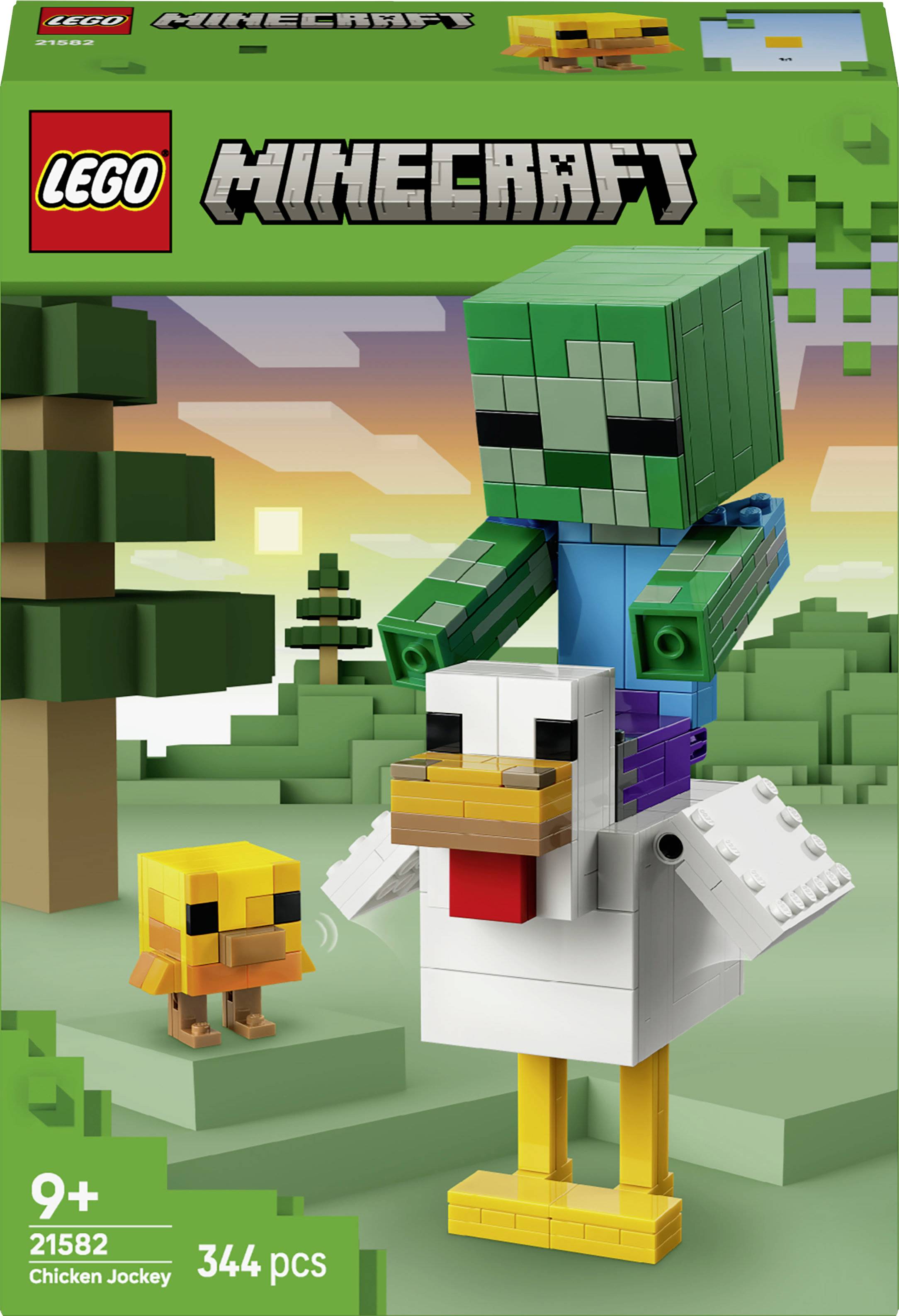 Boîte de set LEGO Minecraft montrant un personnage à tête carrée verte chevauchant une poule blanche, avec un petit poussin jaune ; à partir de 9 ans, set 21582, 344 pièces.