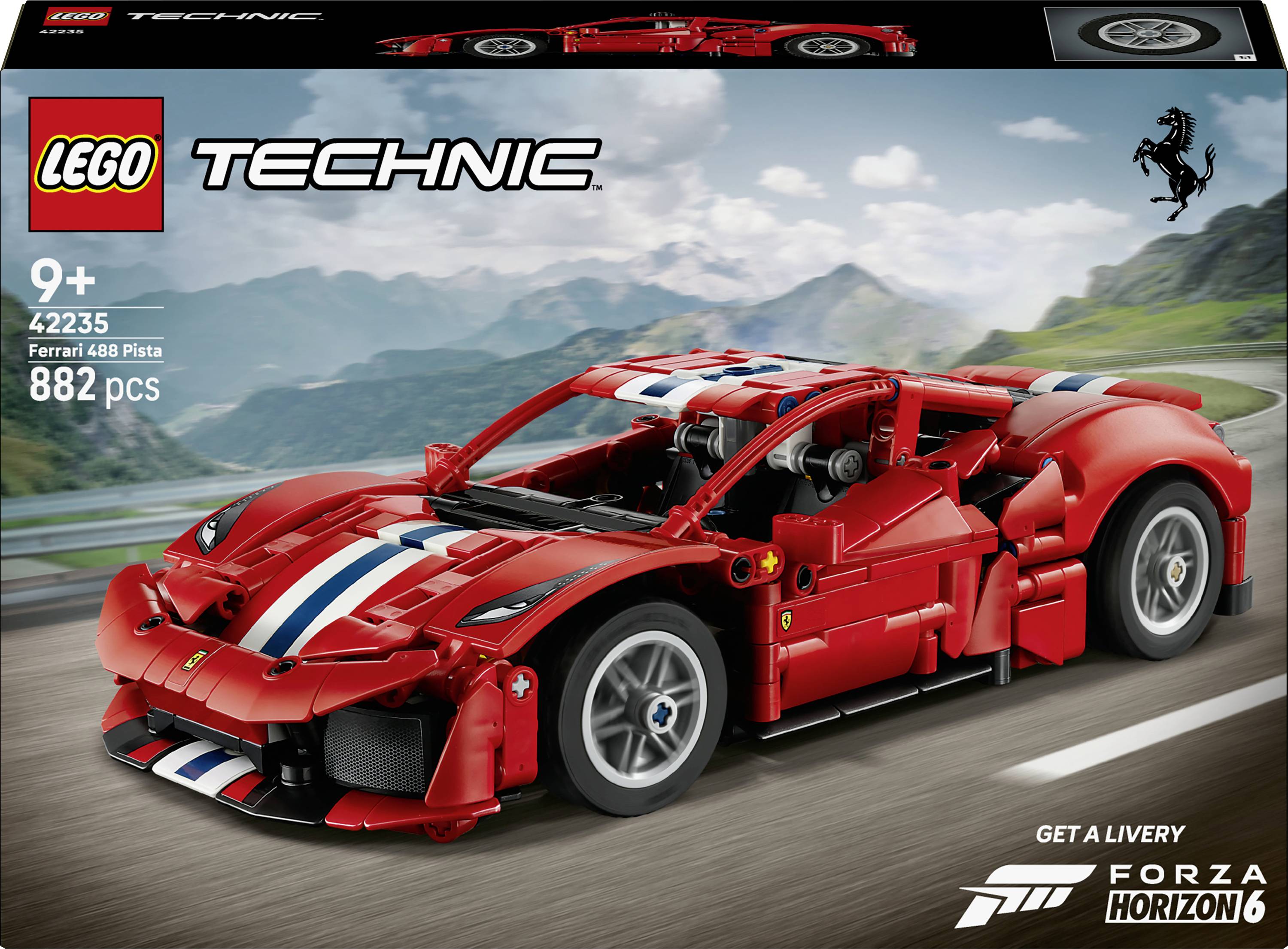 Boîte LEGO Technic Ferrari 488 Pista montrant une voiture de course rouge, à partir de 9 ans, ensemble 42235, 882 pièces, et marque Forza Horizon 6.