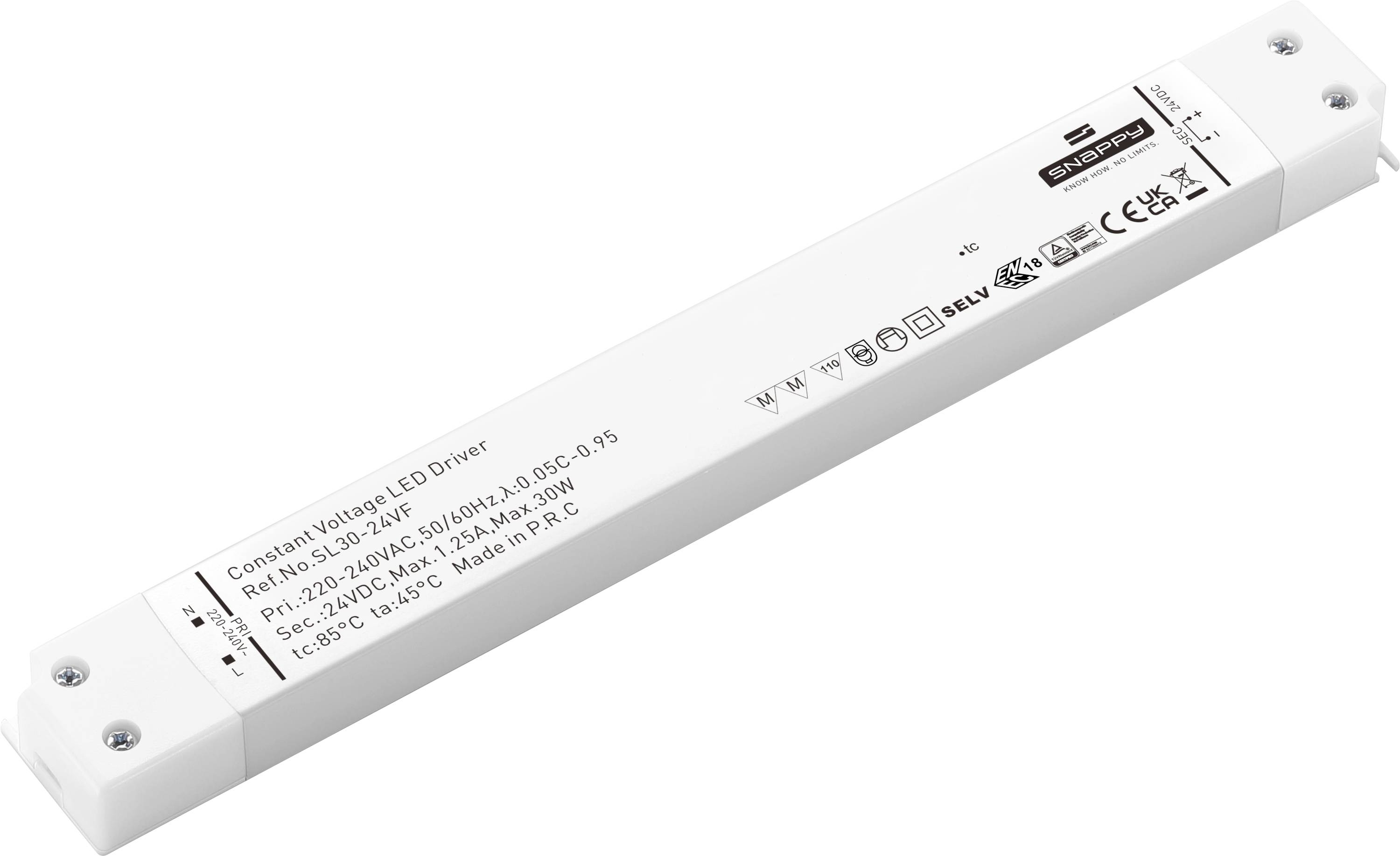 Alimentation LED à tension constante blanche avec les spécifications techniques imprimées et des trous de montage à chaque extrémité.