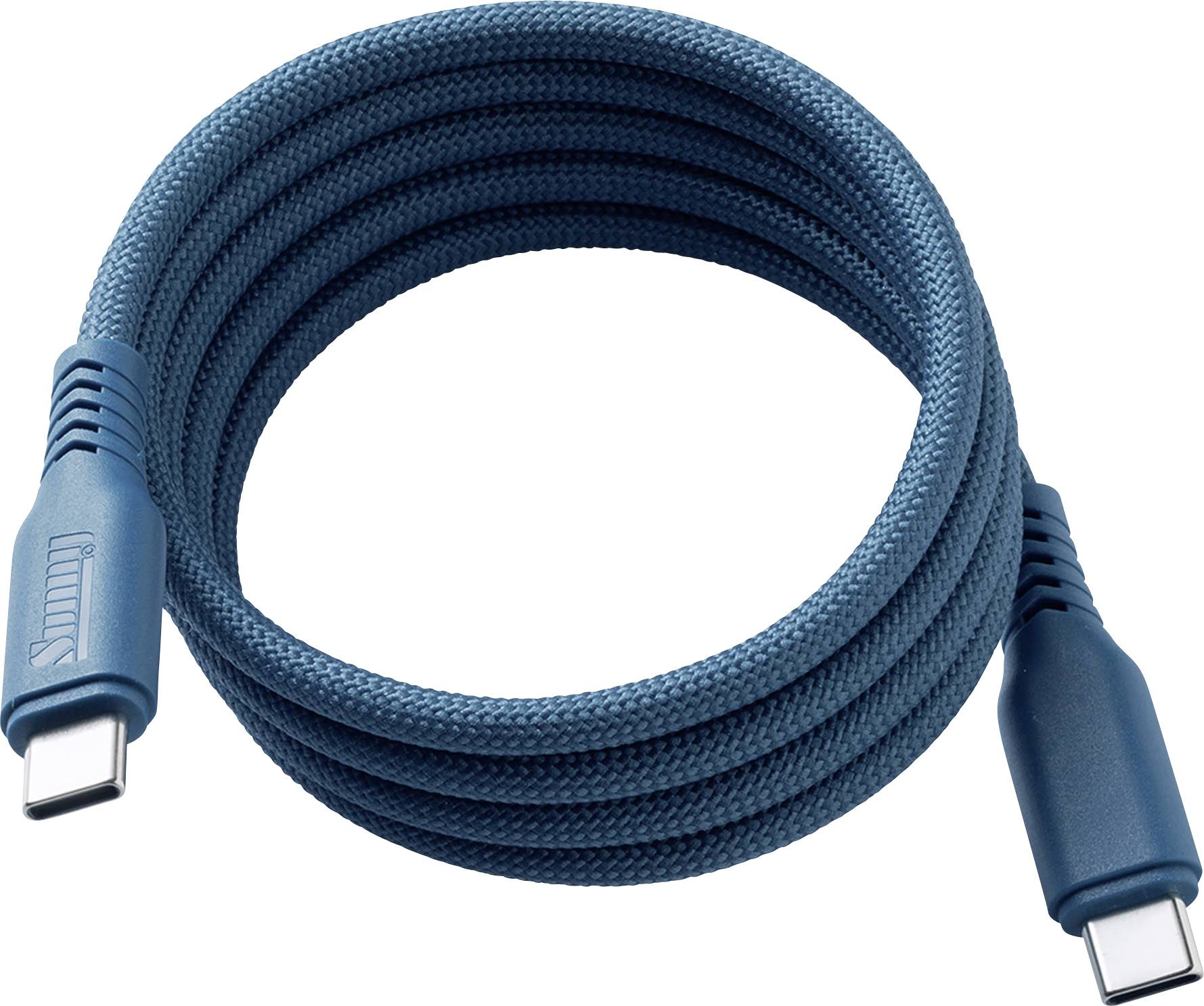 Câble de recharge USB-C bleu enroulé avec connecteurs aux deux extrémités