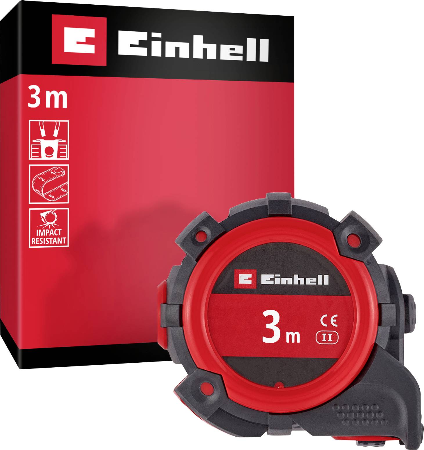Mètre à ruban Einhell 3 m dans un emballage rouge et noir, étiqueté « résistant aux chocs » et classe II.