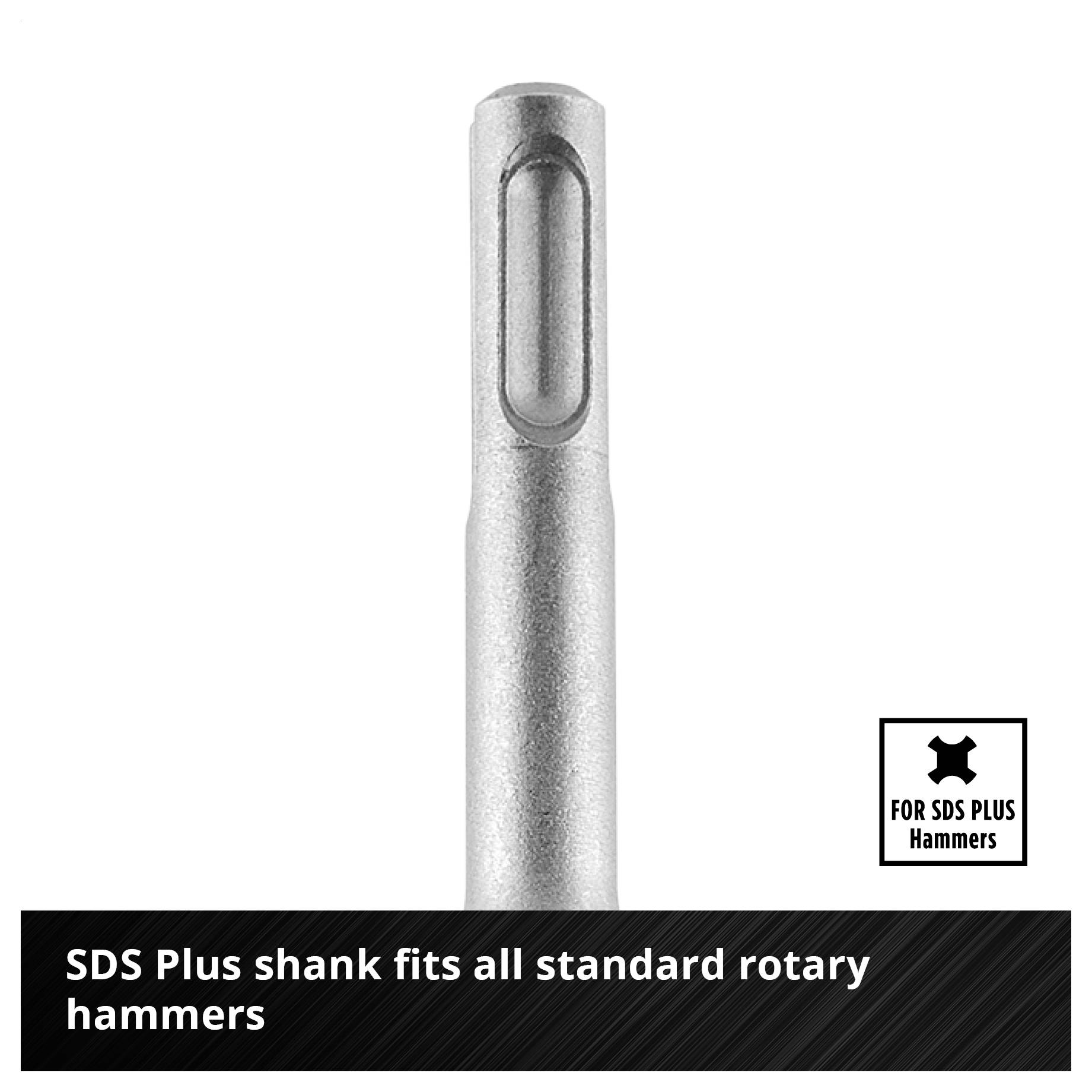 Tige de marteau perforateur SDS-Plus en gros plan, avec indication : « La tige SDS Plus s'adapte à tous les marteaux perforateurs commerciaux » et « Pour les marteaux SDS Plus ».