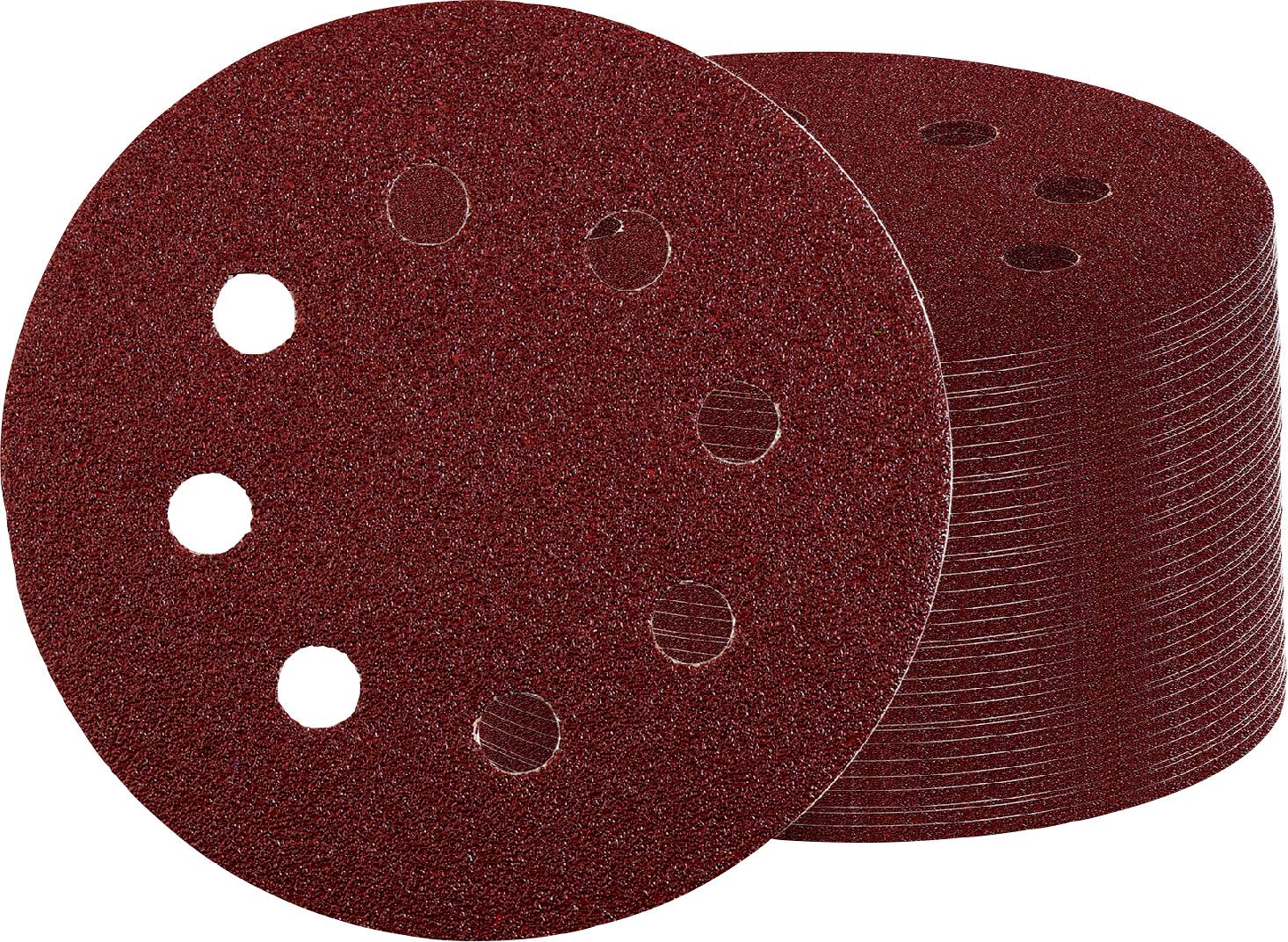 Pile de disques de ponçage circulaires rouges, avec un disque avant affichant plusieurs trous ronds pour l'extraction de la poussière.