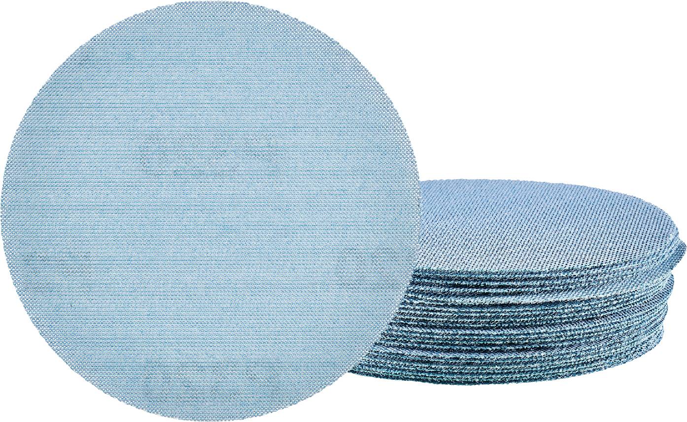Pile de tampons à récurer abrasifs bleus, avec un tampon montré de face et une vue latérale de la pile en couches.