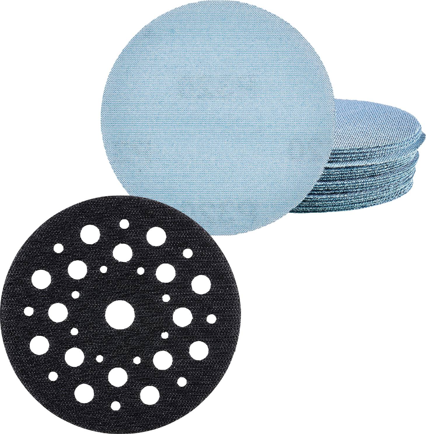 Pile de disques ronds bleus et un disque noir perforé avec des trous circulaires, présentés sur un fond blanc uni.