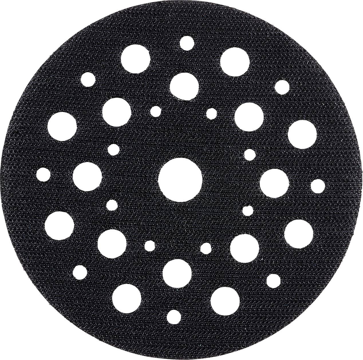 Disque circulaire noir avec de nombreux trous ronds régulièrement espacés de tailles variées, incluant un grand trou central, présenté sur un fond blanc.