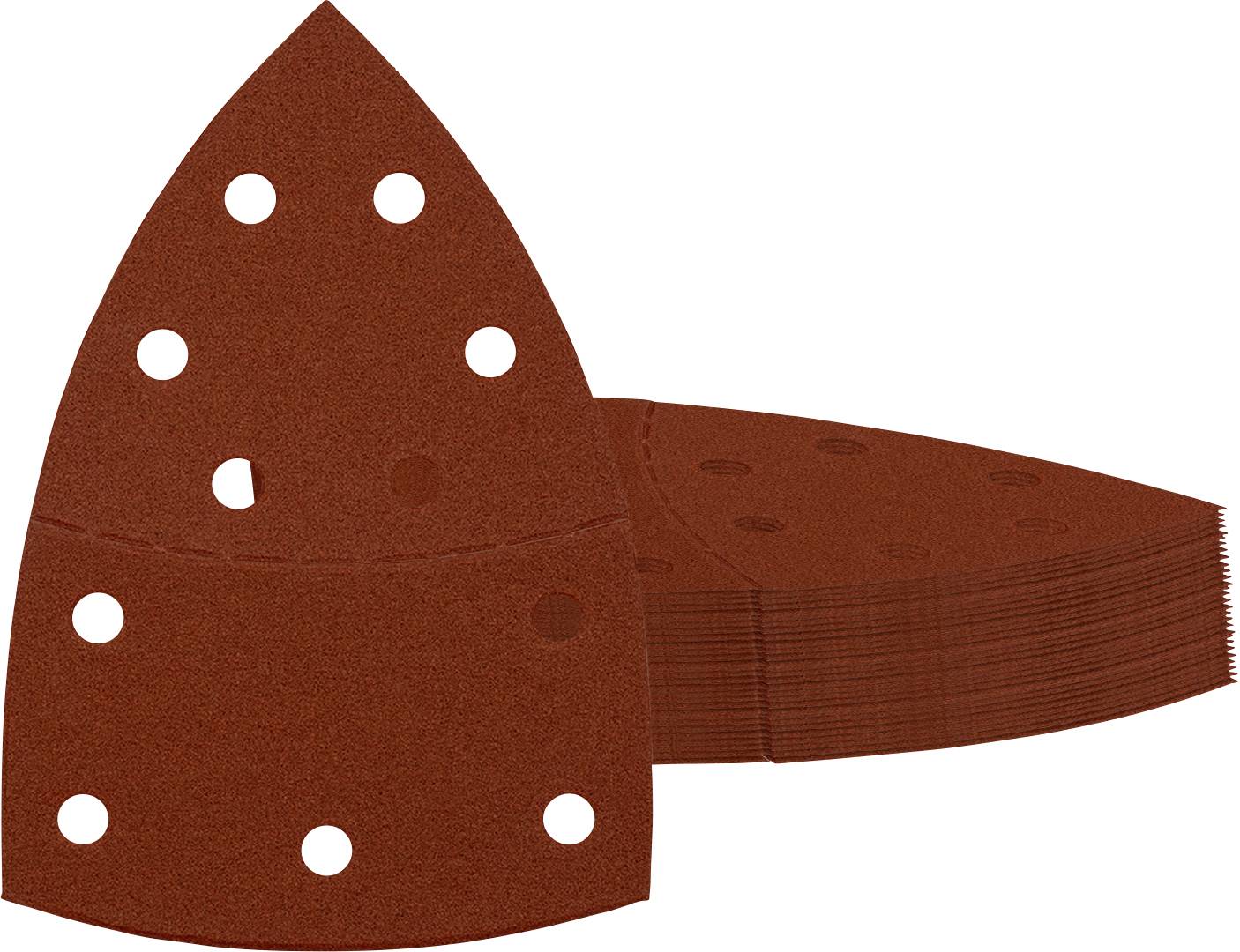 Feuille de ponçage triangulaire marron avec plusieurs trous, présentée devant une pile de feuilles abrasives assorties sur fond blanc.