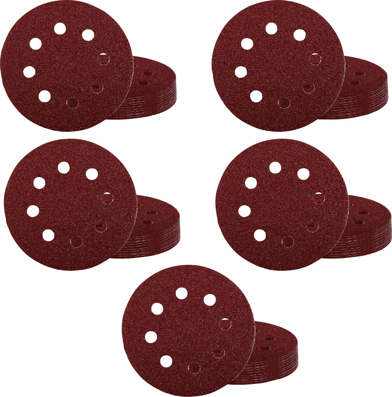 Cinq disques de ponçage circulaires rouges avec plusieurs trous, montrés empilés et disposés en groupe sur un fond blanc.