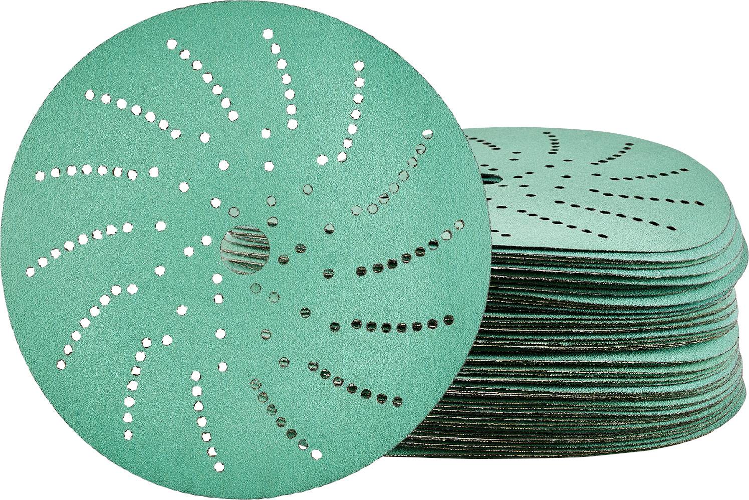 Pile de disques de ponçage circulaires de couleur bleu-vert avec des motifs de spirales perforées, un disque présenté en avant.