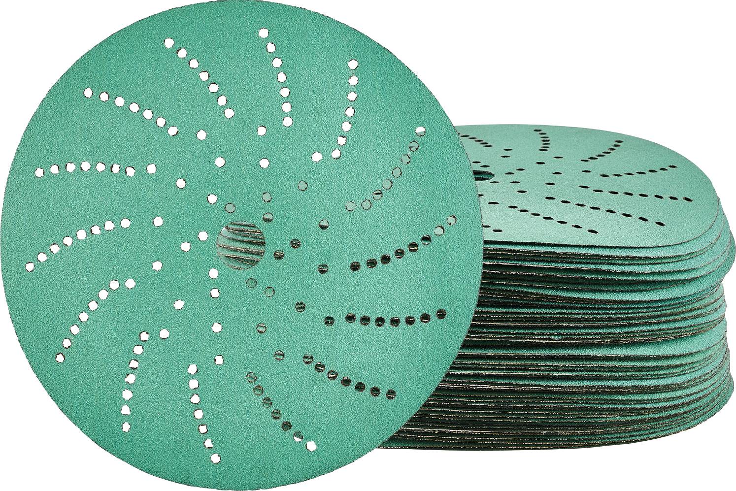 Pile de disques de ponçage circulaires de couleur sarcelle avec des trous de perforation en spirale, présentée en vue de face et de profil sur un fond blanc.