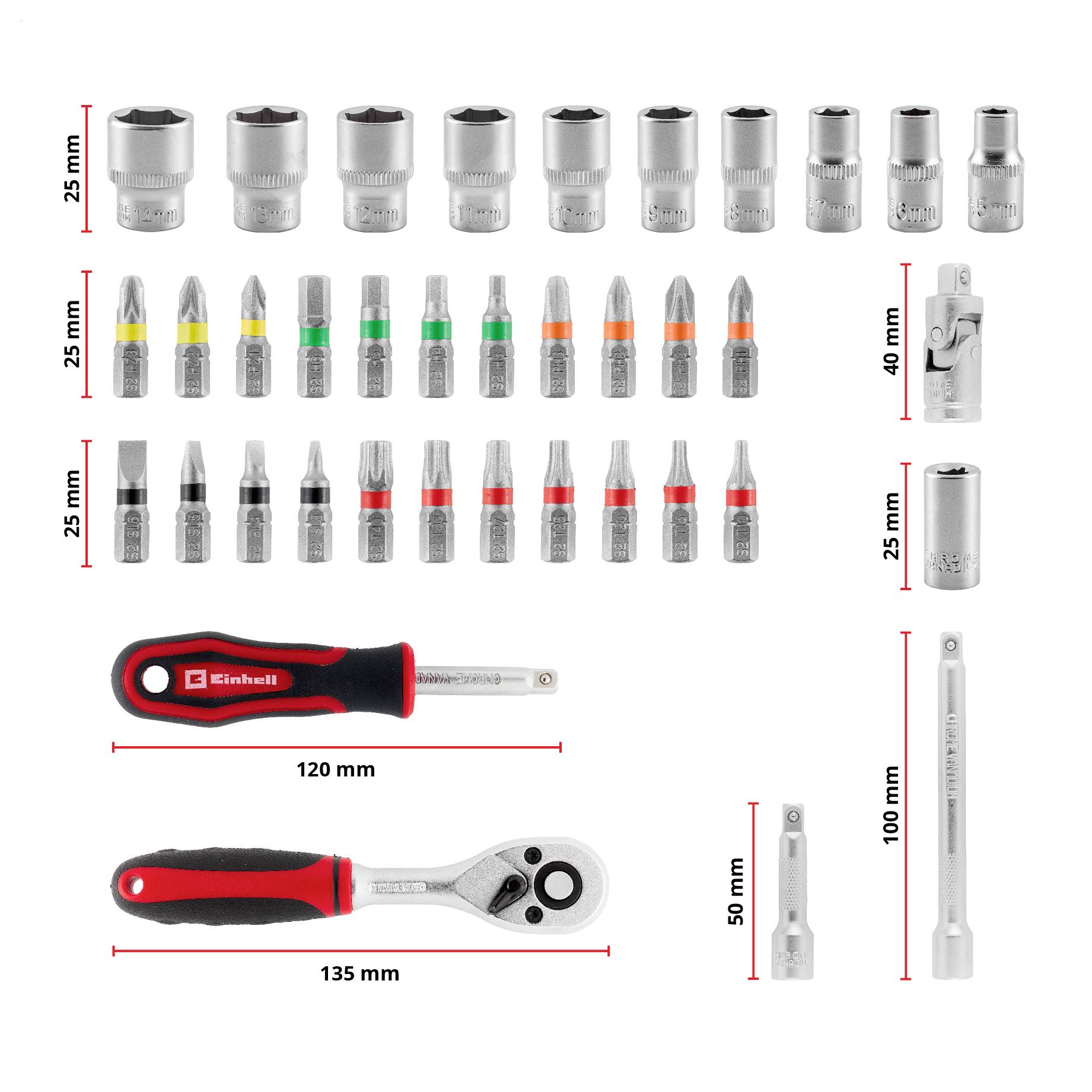 Assorted socket and screwdriver bit set with extension adapters, plus two ratchet handles, shown with size labels in millimeters.
