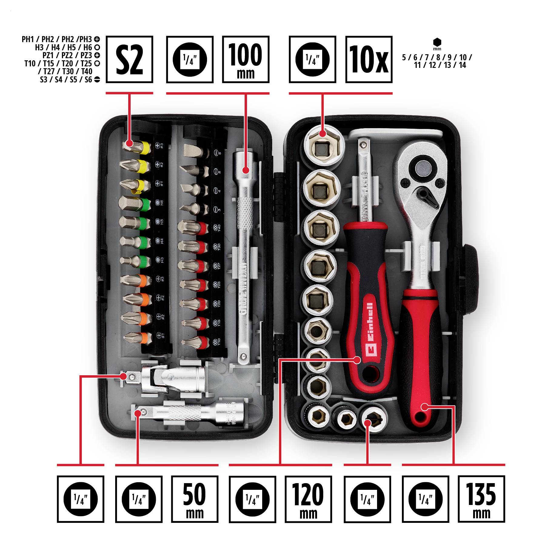 Étui à outils ouvert contenant des embouts de tournevis, des douilles hexagonales, des rallonges, une clé à cliquet et un manche, étiquetés avec les dimensions et les types d'entraînement.