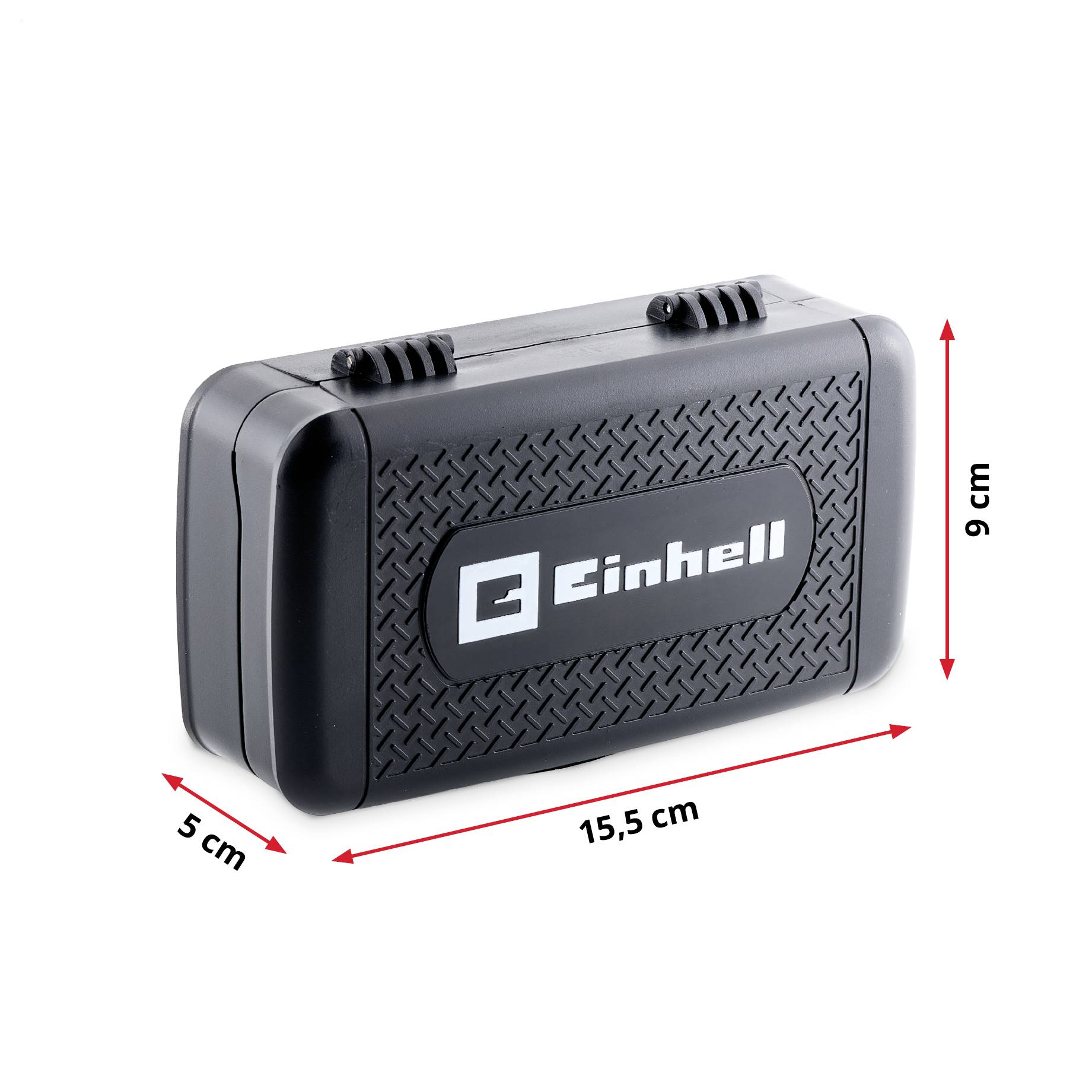 Black Einhell battery pack with textured case, shown on white background with dimensions marked 15.5 cm wide, 9 cm high, and 5 cm deep.