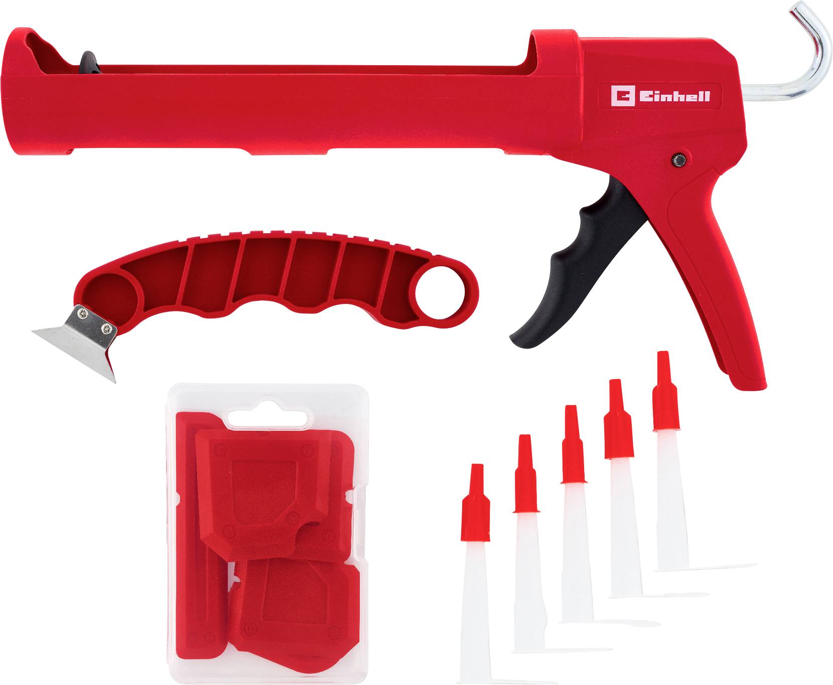 Pistolet à calfeutrer rouge avec gâchette, couteau utilitaire de remplacement, tampons à racloir rouges et cinq embouts de buse présentés sur fond blanc.