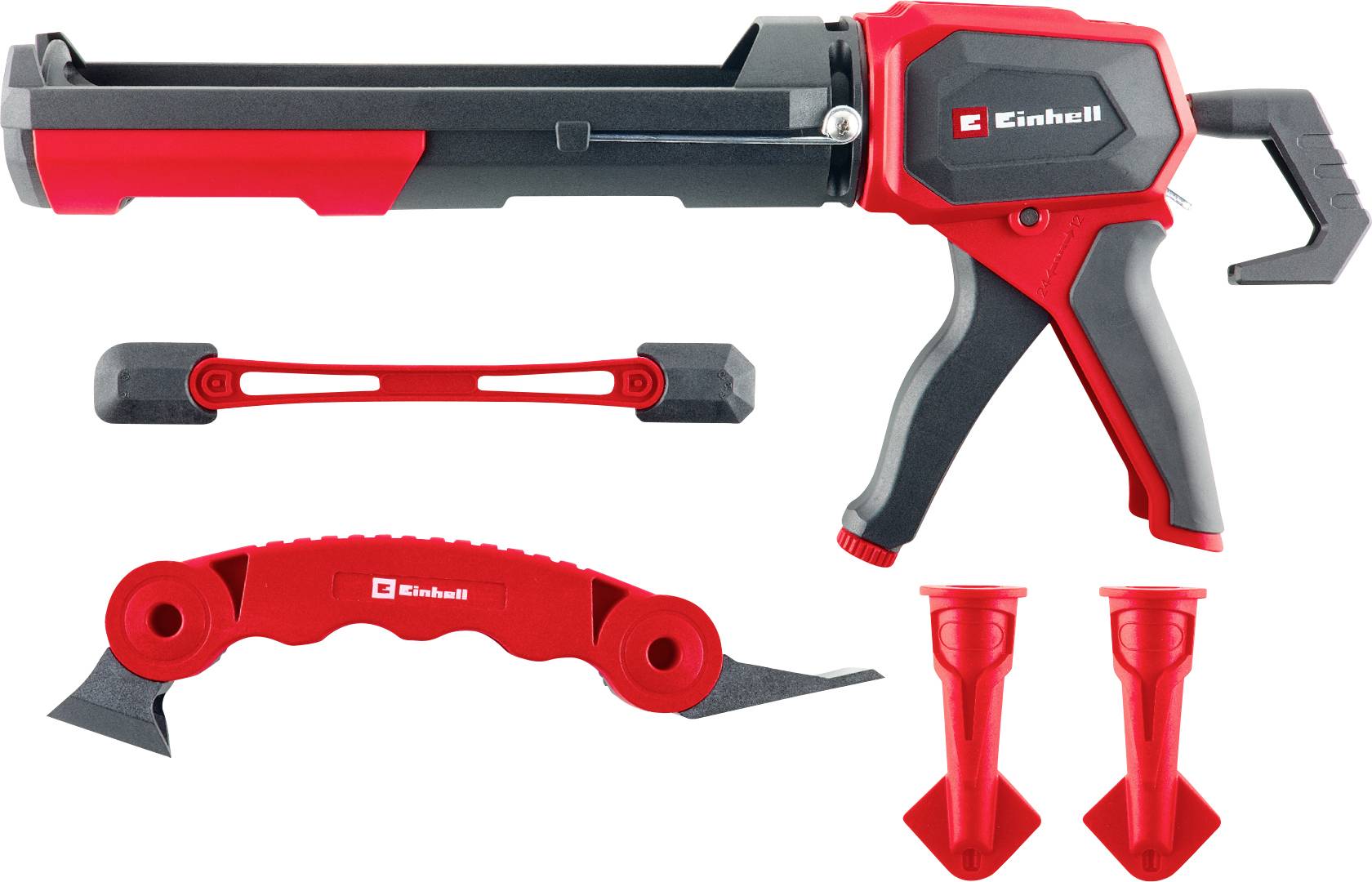 Pistolet à calfeutrer Einhell rouge et noir avec poignée, gâchette et accessoires présentés sur fond blanc.