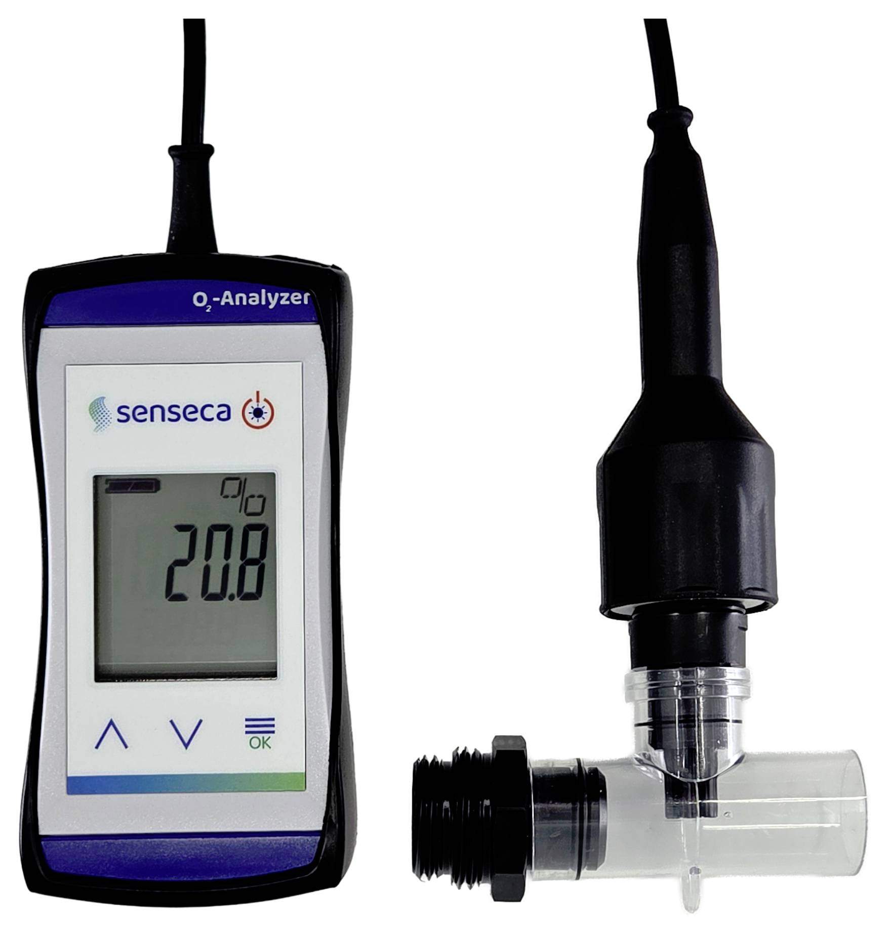 Handheld senscsea O2-Analyzer with digital display reading 20.8, beside a black oxygen sensor probe in a clear flow cell attachment.