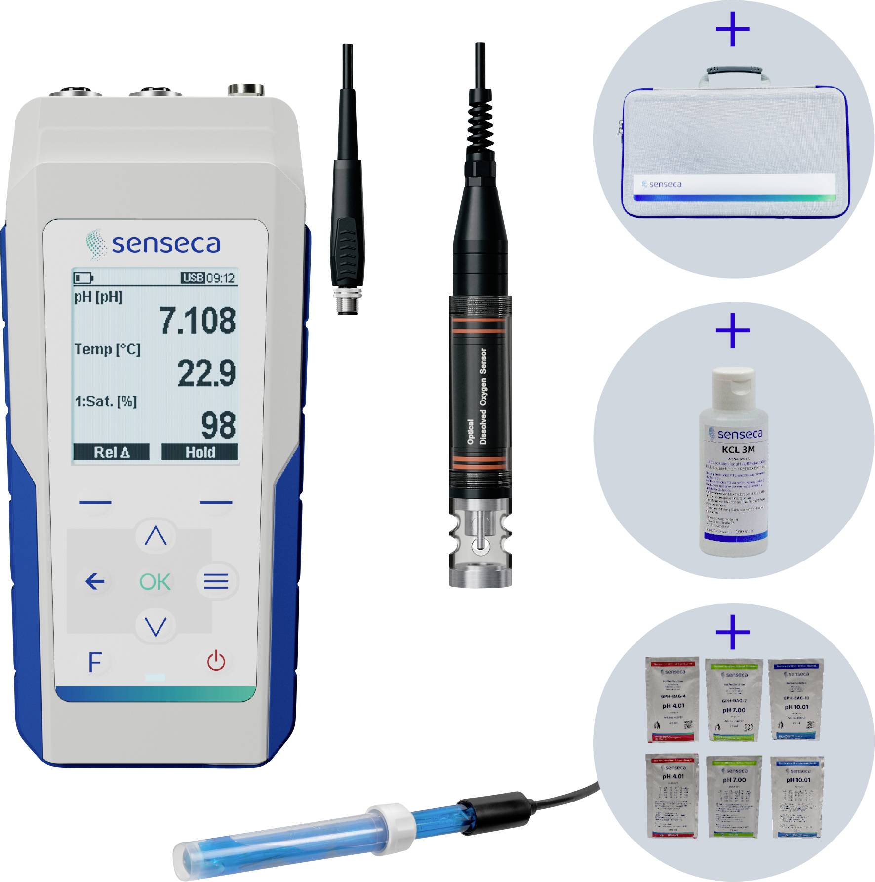 Senseca pH-mètre portatif avec sonde, présenté avec étui de transport, liquide d'étalonnage et sachets tampons pour la mesure de la qualité de l'eau.