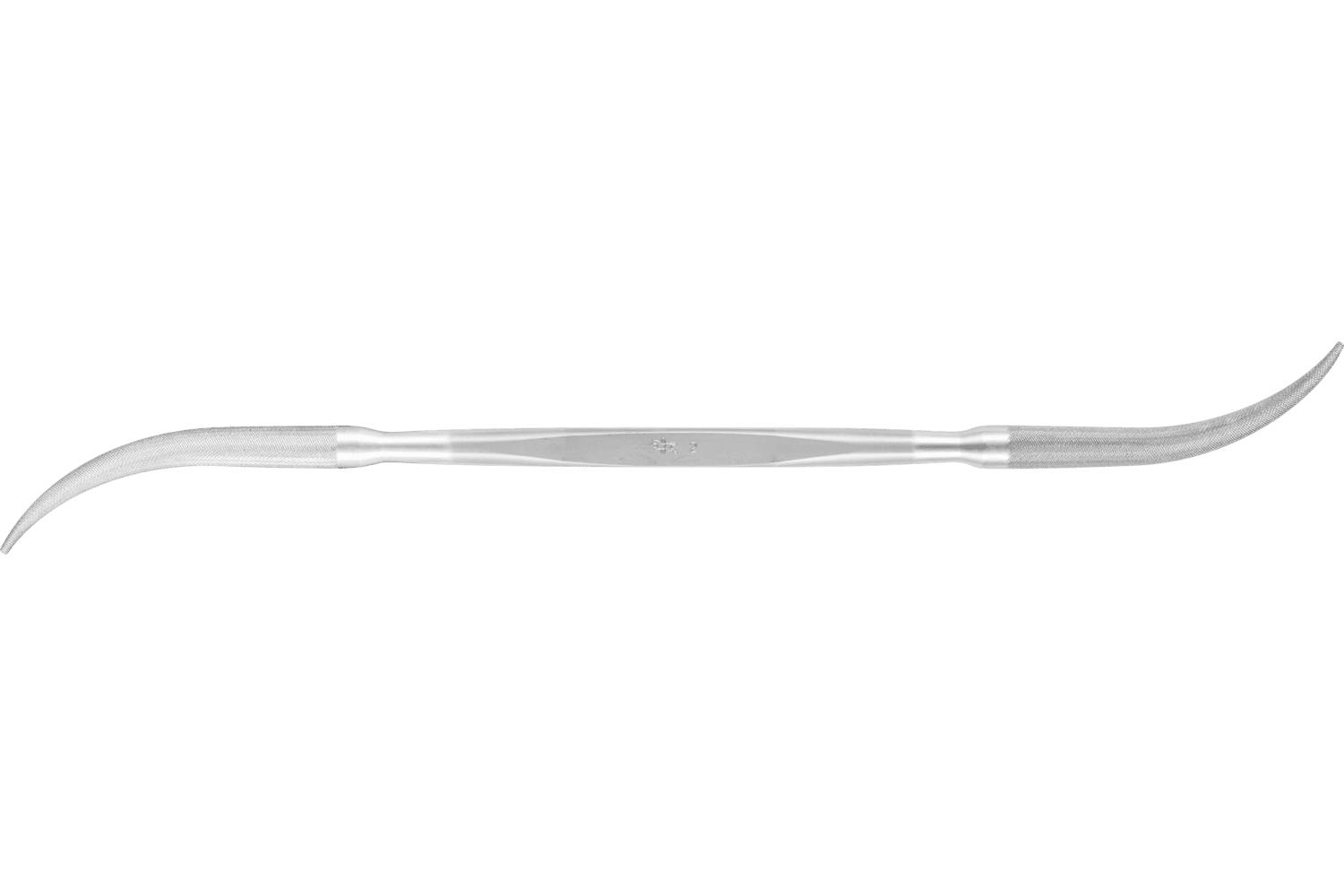 A long, curved metal dental instrument with pointed ends, shown on a plain white background.
