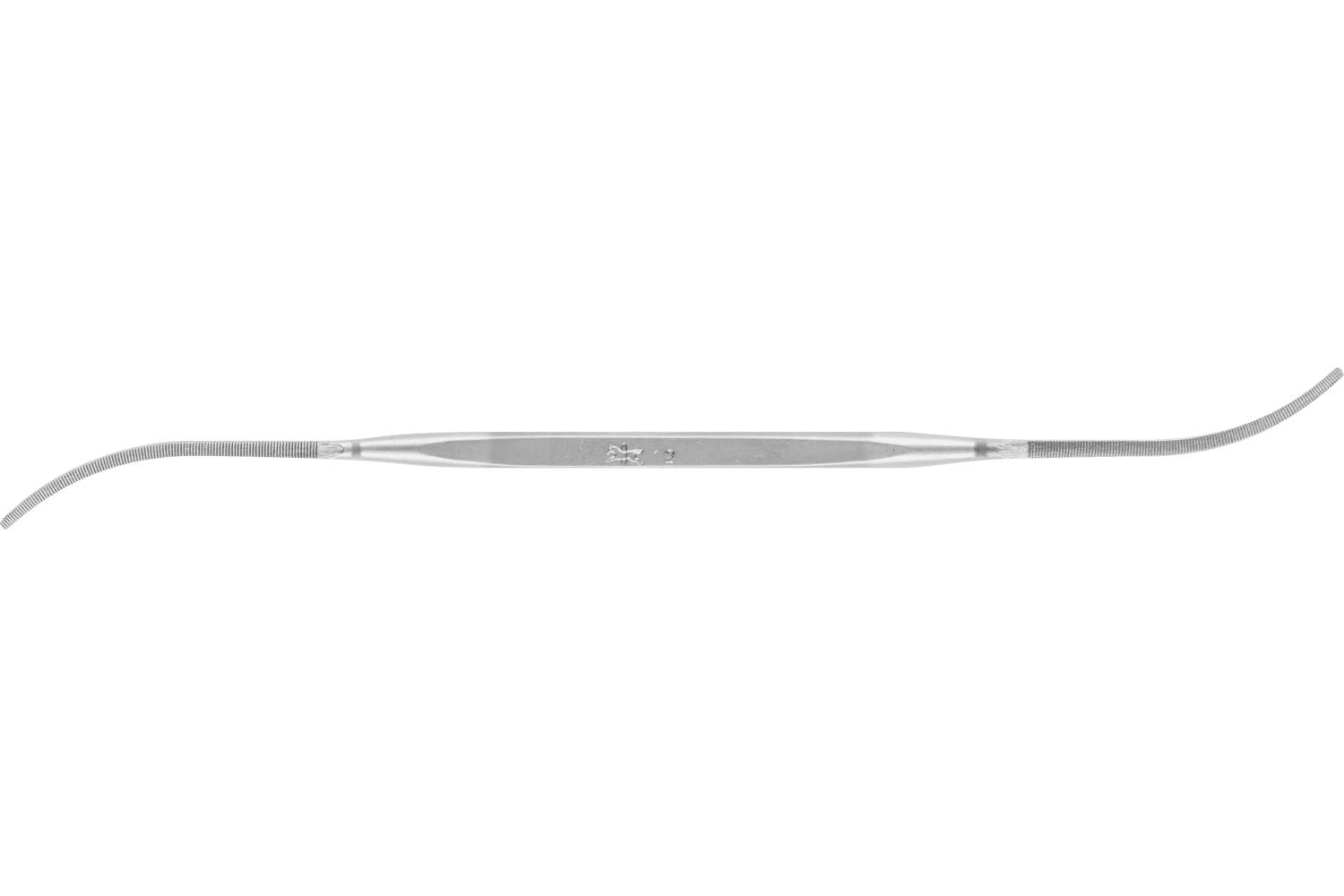 Silver curved surgical instrument with a long slender shaft and hooked ends on a white background