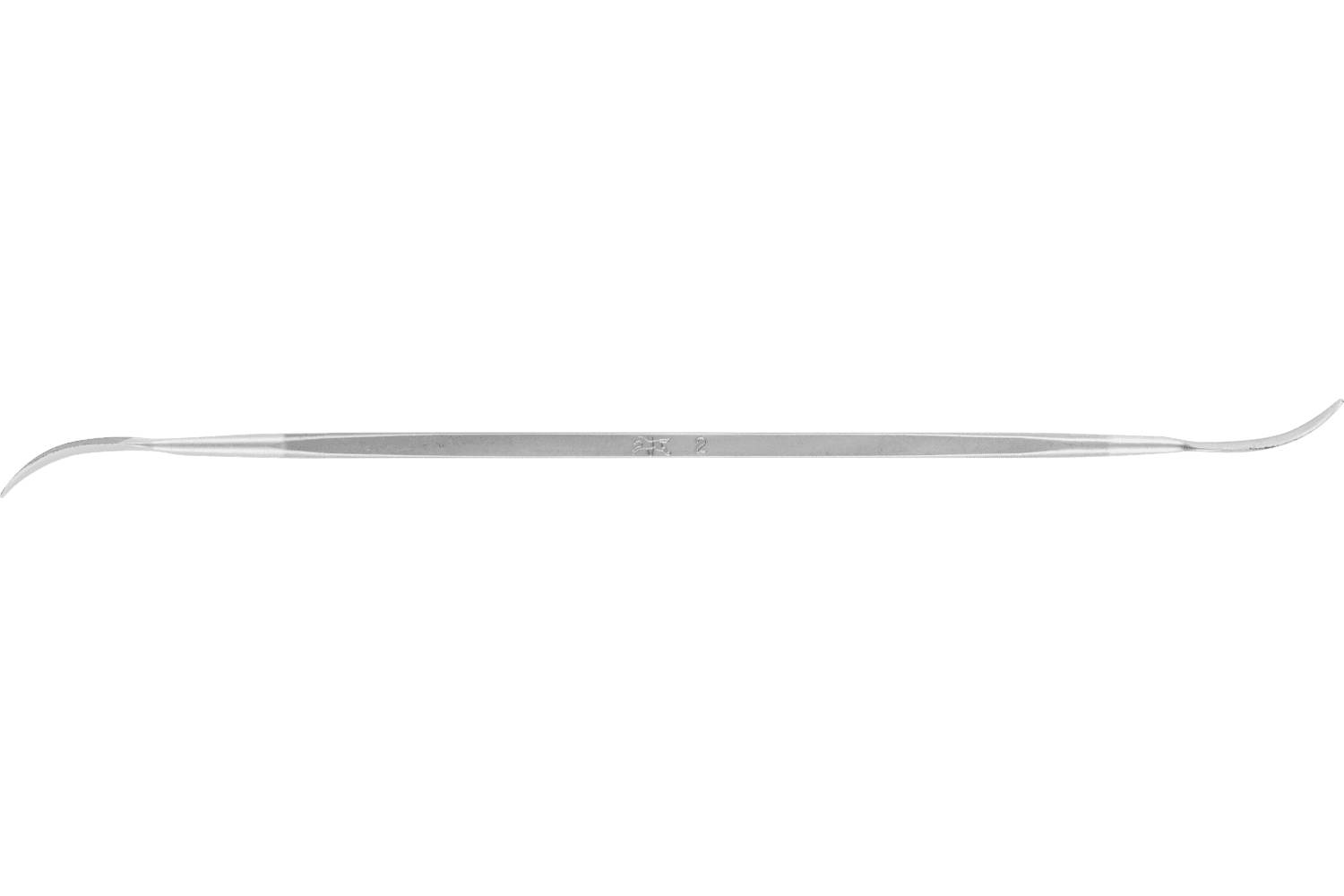 Silver metal double-ended skin tool with a flat center handle and angled spoon-like tips on both ends.