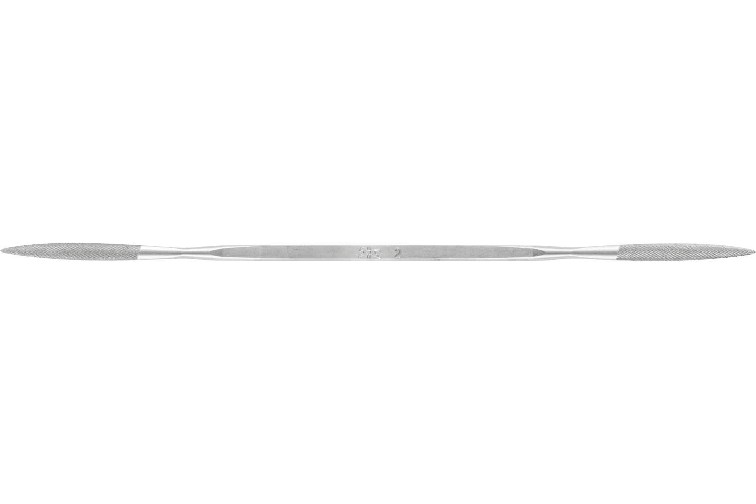 A silver metal file tool with a long narrow handle and tapered abrasive ends, shown horizontally on a white background.
