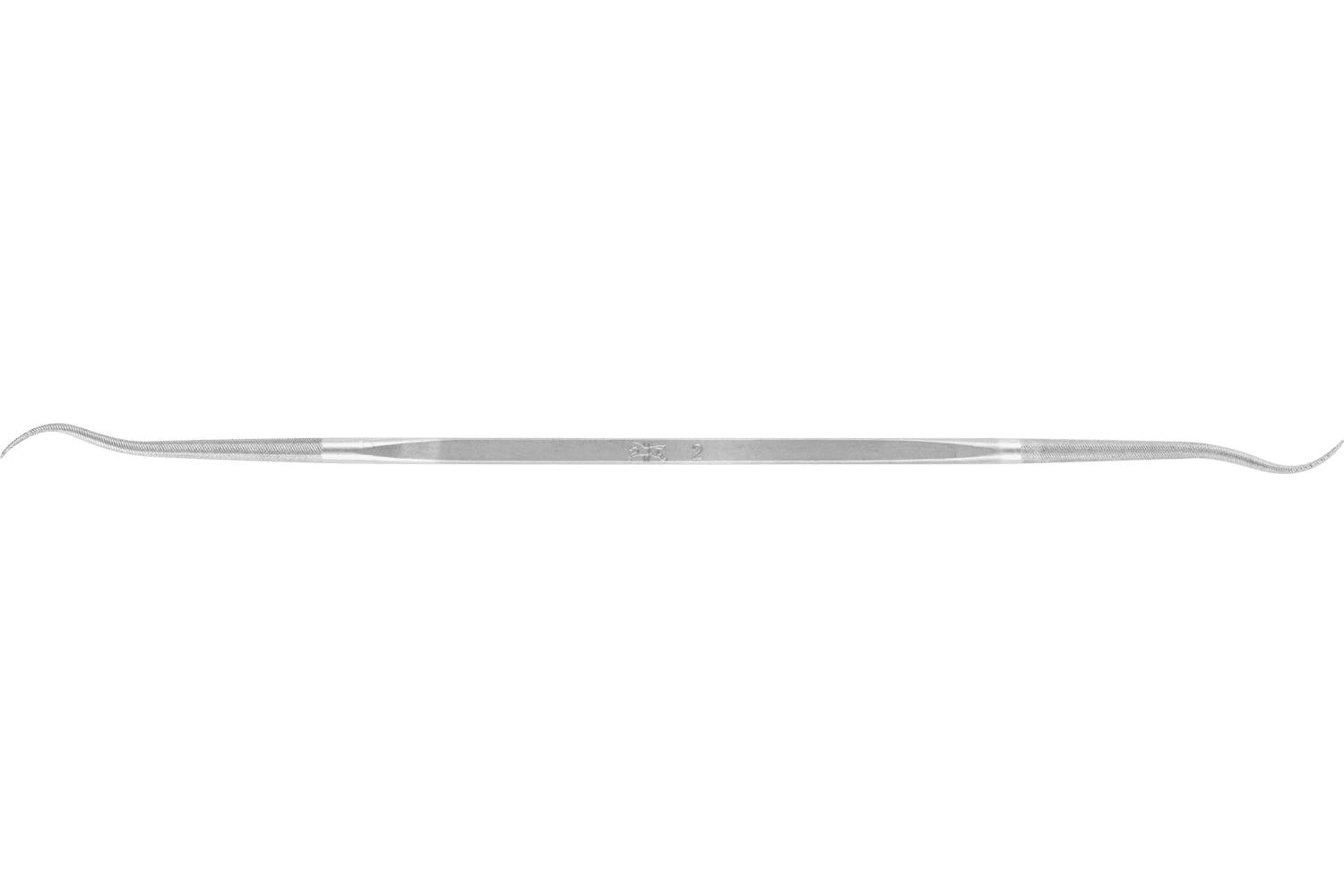 A long, thin silver metal tool with a flat central shaft and curved hooked ends on a plain white background.