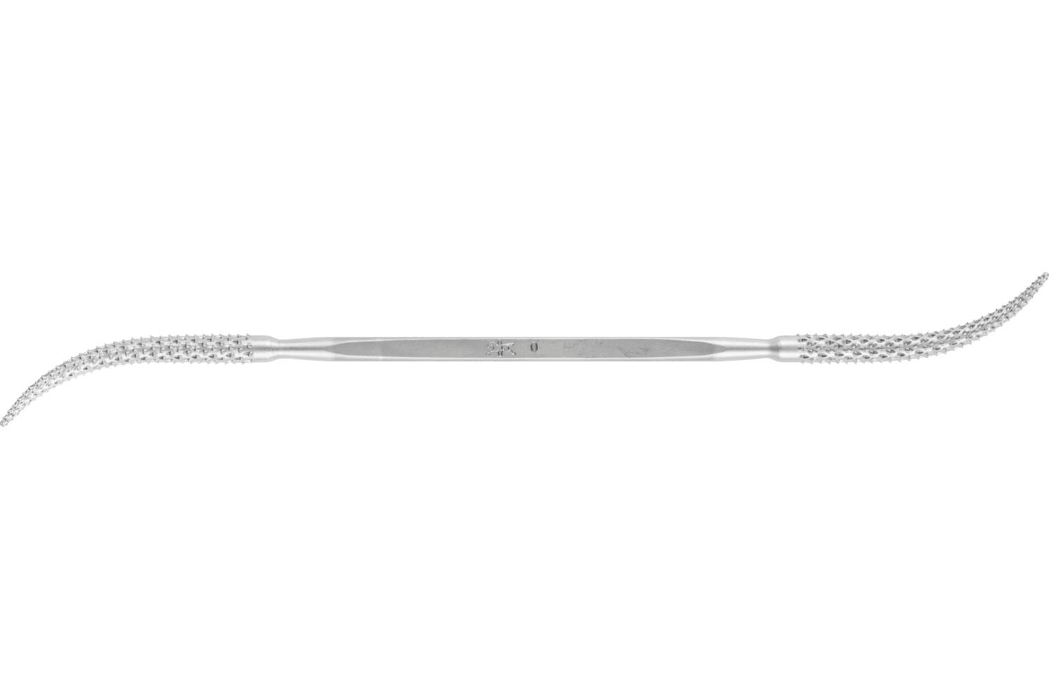 A double-ended metal dental instrument with curved, textured tips and a slim central handle on a white background.