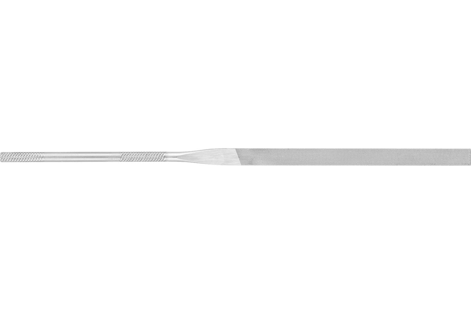 Long, narrow metal file or rasp tool with a textured handle and tapered flat blade on a white background.