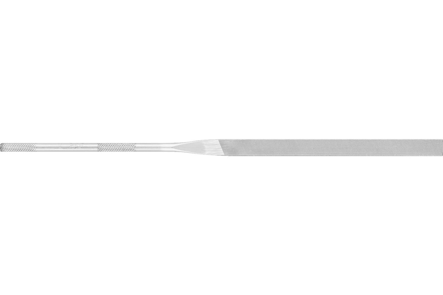 Silver metal file with a flat rectangular body and textured handle, shown horizontally on a white background.