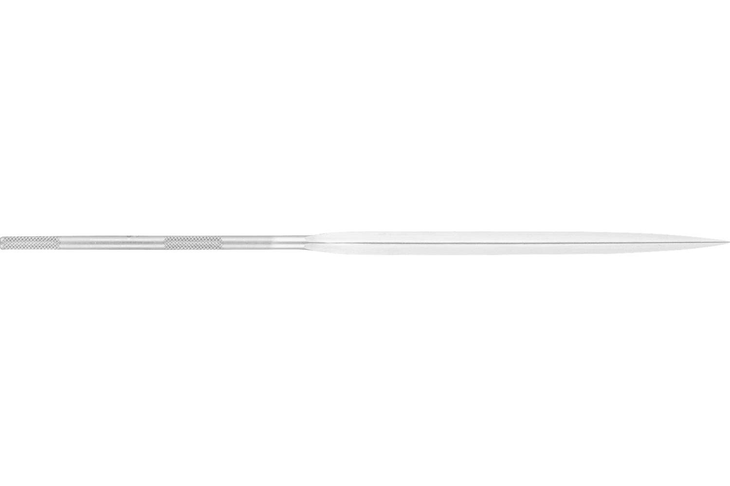 A slim metal sculpting tool with a textured handle and long pointed, leaf-shaped blade on a white background.