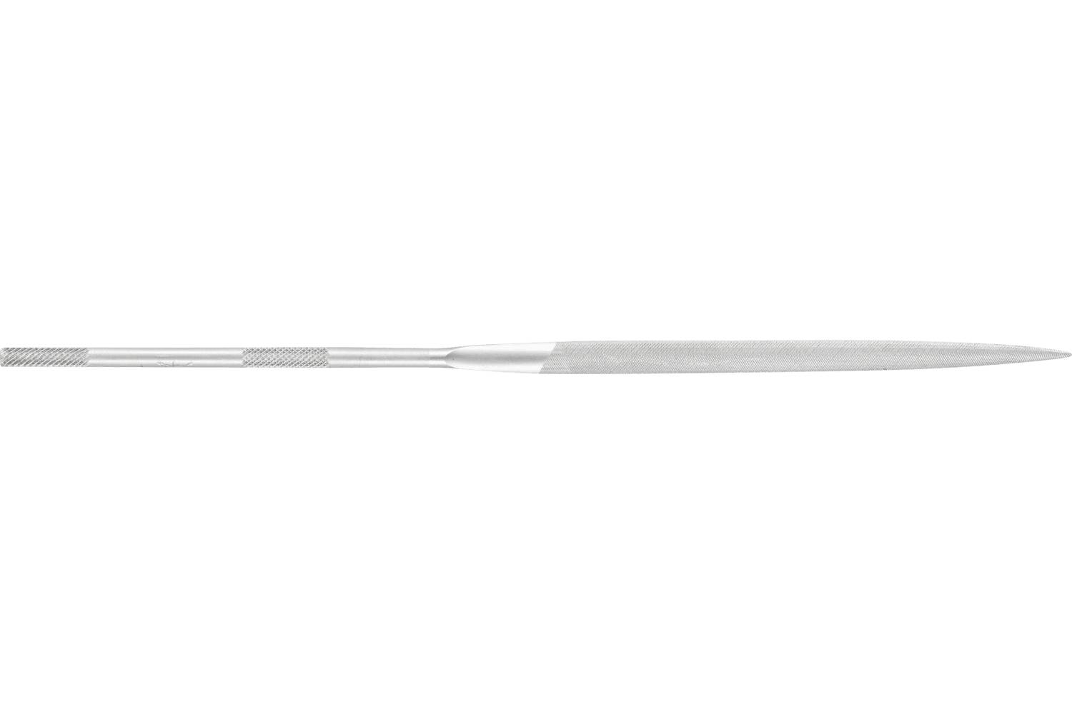 A slim silver metal file or probe with a textured handle and pointed tip, shown horizontally on a plain white background.