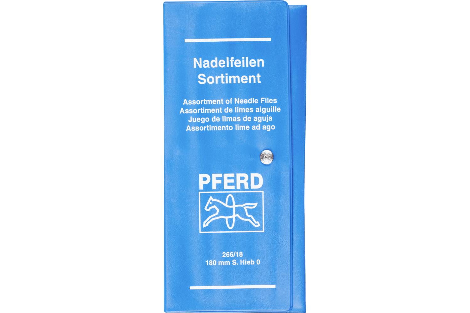Blue PFERD metal file assortment case labeled 'Nadelfeilen Sortiment' and 'Assortment of Needle Files' with size 206/18, 180 mm S. Hieb 0.