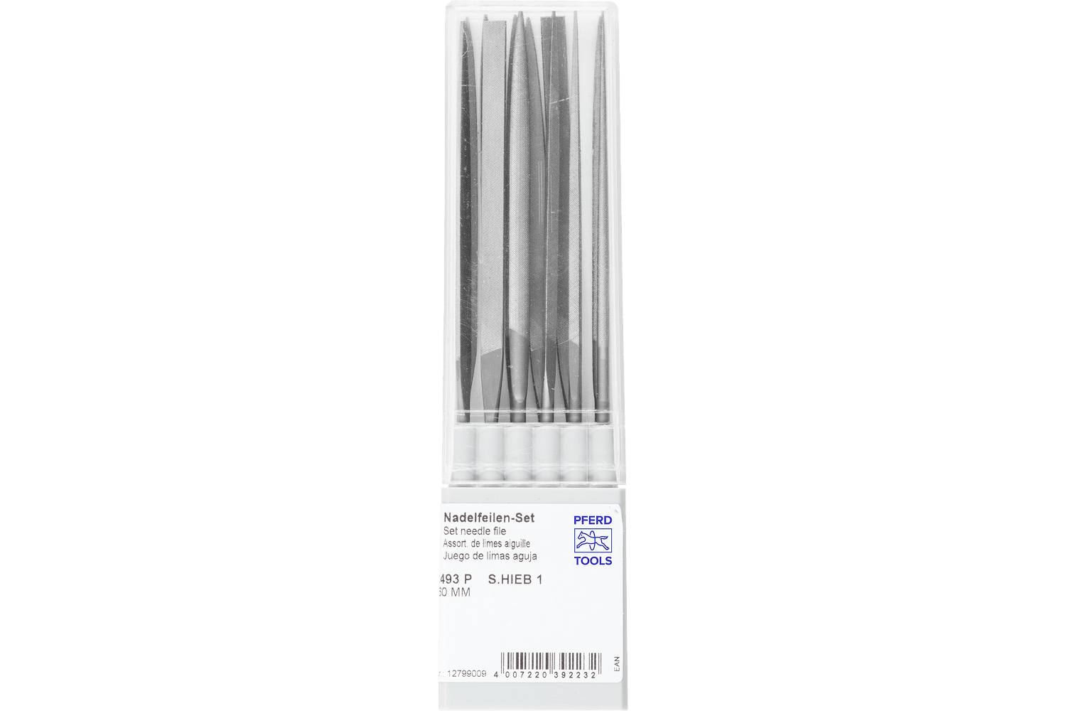 Package of PFERD needle files, a set of narrow metal files in a clear plastic case with labeled front.