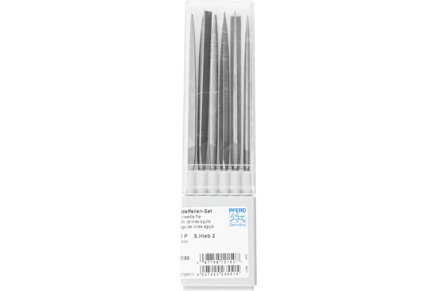 Clear plastic case holding a set of metal needle files, with a product label and barcode on the front.
