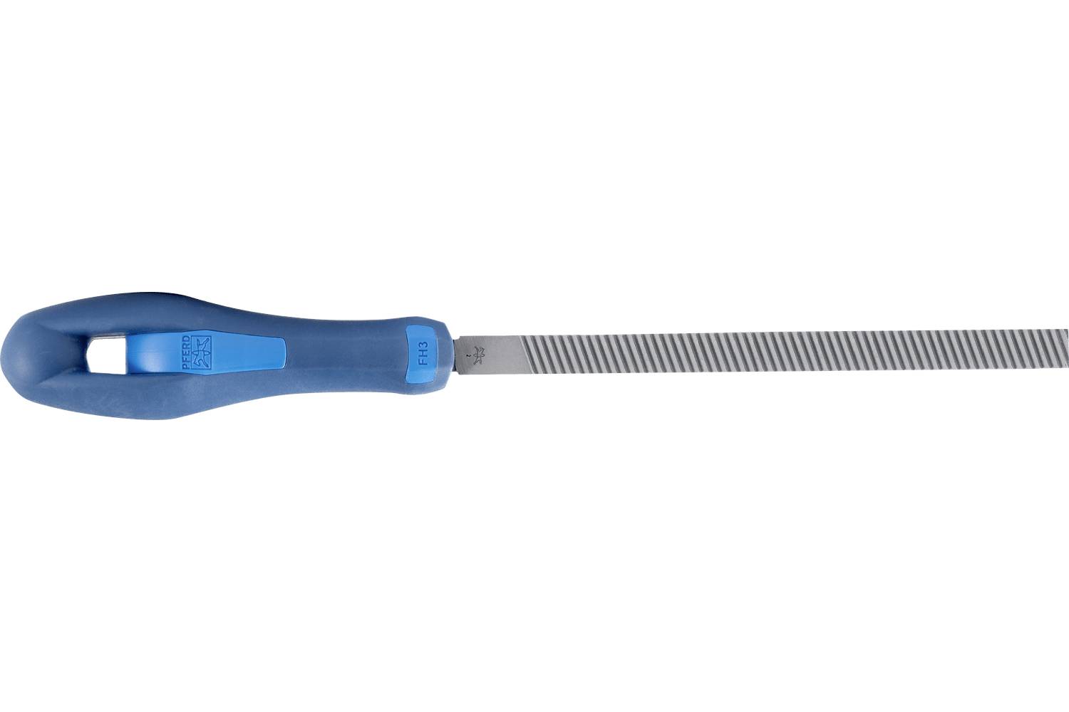 Blue-handled metal file tool shown horizontally on a white background.