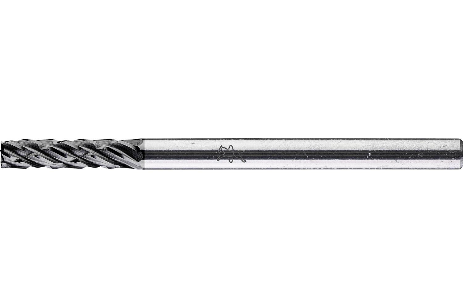 Metal cutting end mill drill bit lying horizontally on a white background.