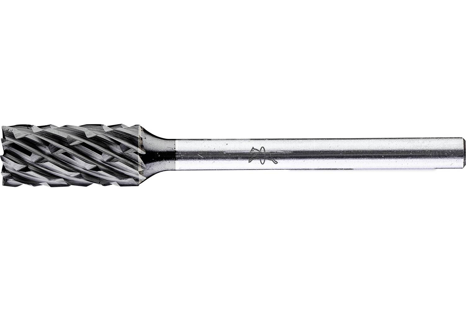 Metal carbide rotary burr or milling bit with a cylindrical cutting head and long shank, shown on a white background.