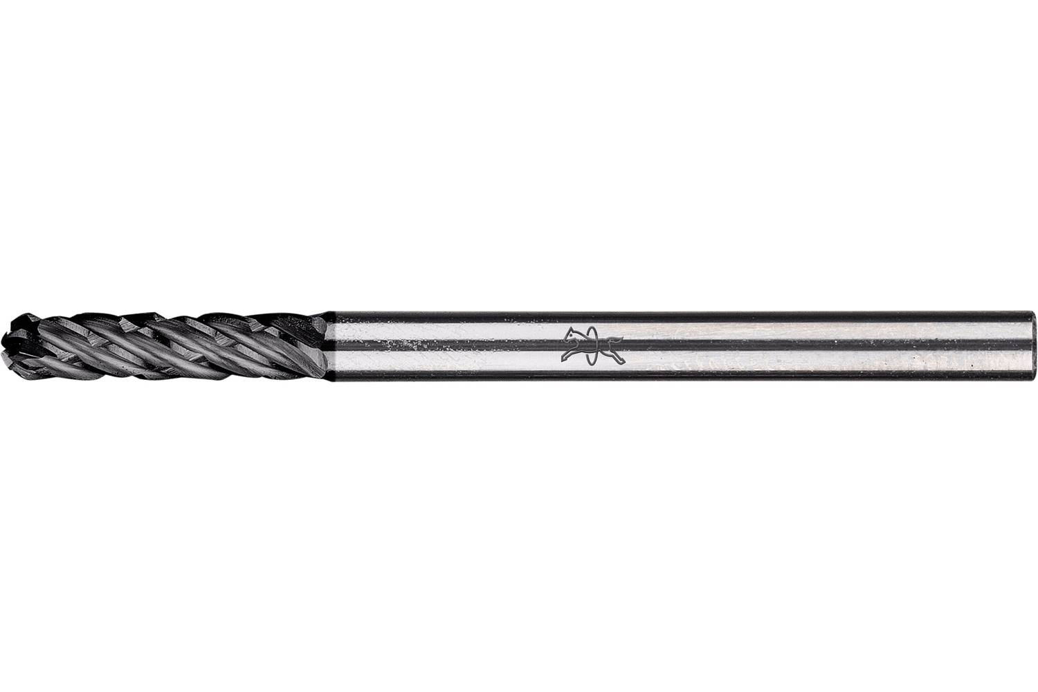 A close-up of a black spiral drill bit with a silver cylindrical shank on a white background.