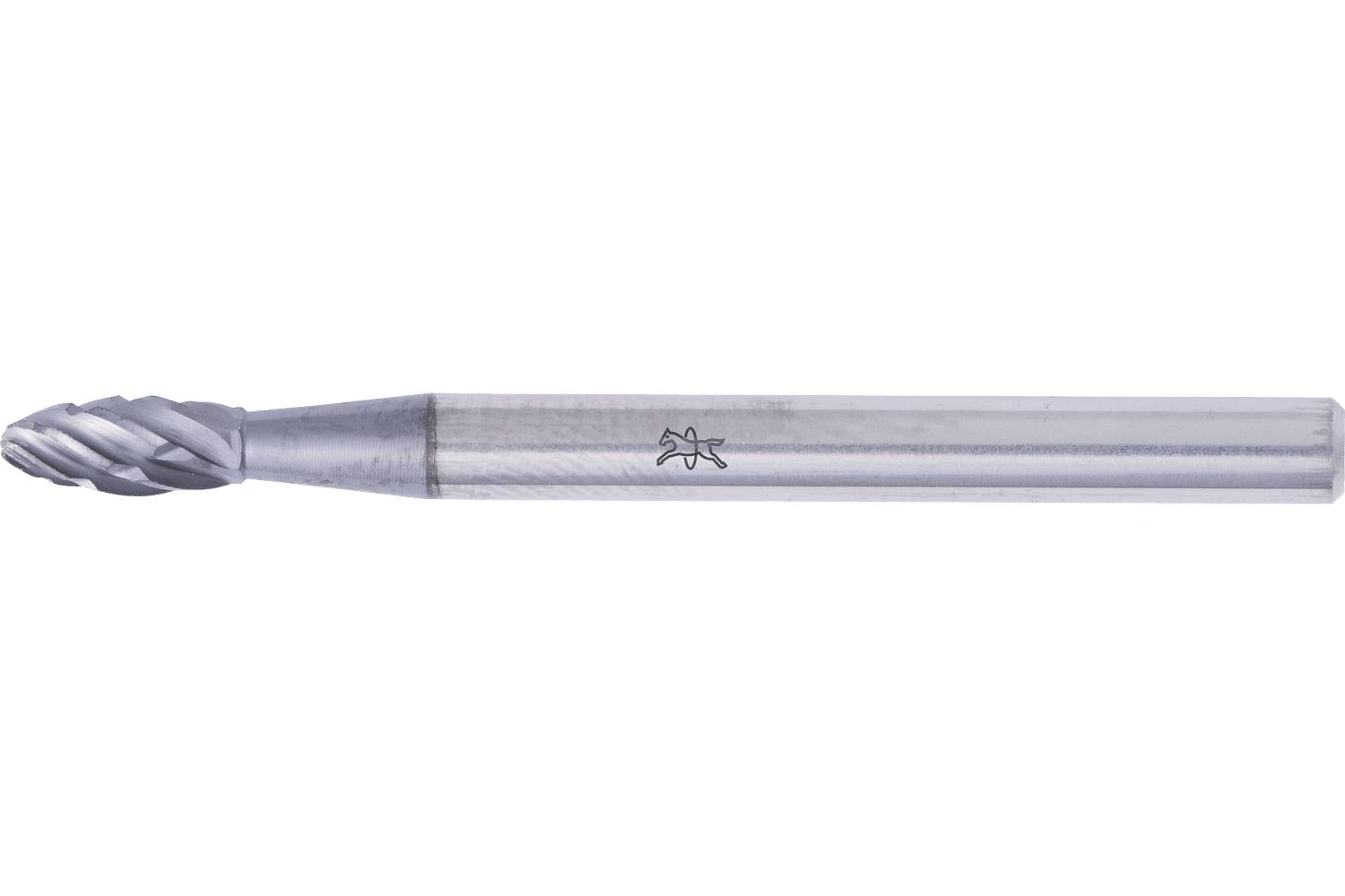 A metal end mill cutting tool with a spiral fluted head and long cylindrical shank on a white background.