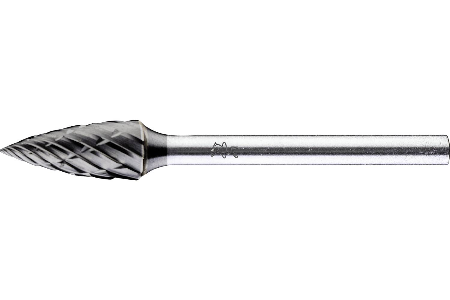 Metal rotary burr tool with a tapered, pointed cutting head and long cylindrical shaft on a white background