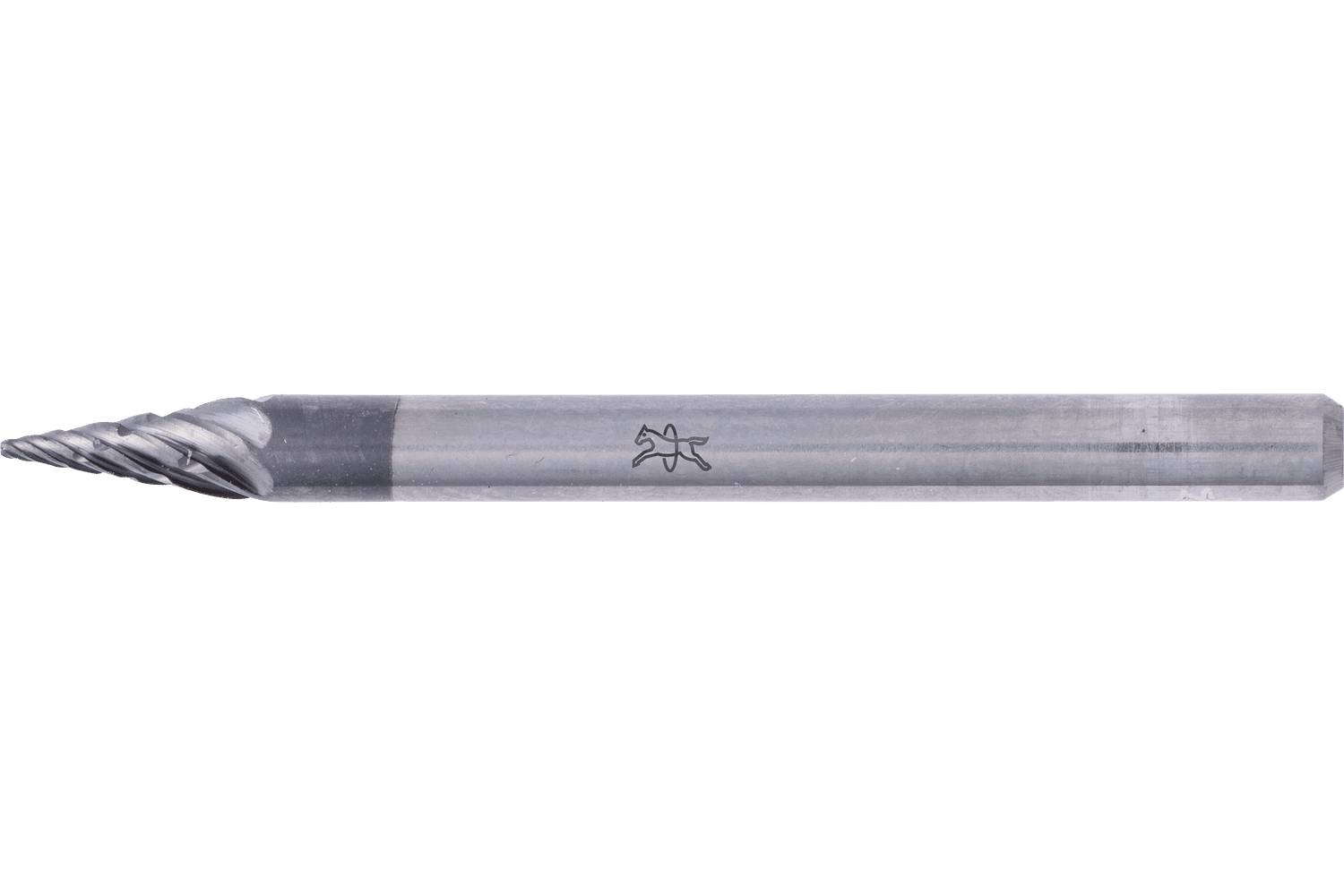 Close-up of a metal drill bit with a pointed cutting tip and cylindrical shaft on a white background.