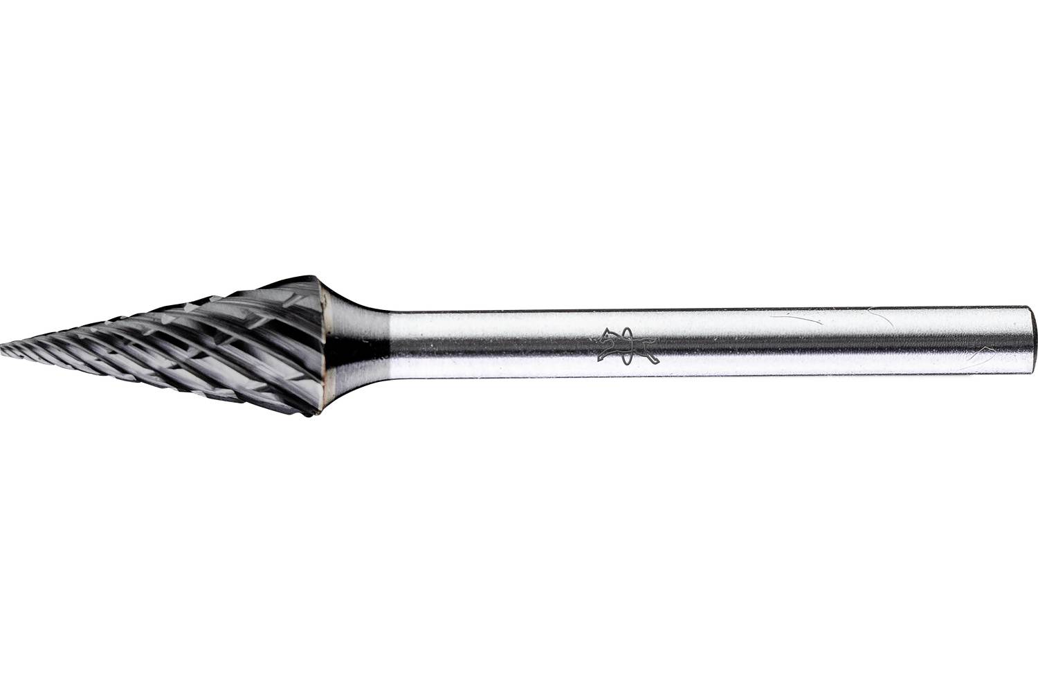 Metal rotary burr or carbide bit with a conical cutting head and long cylindrical shank on a white background.