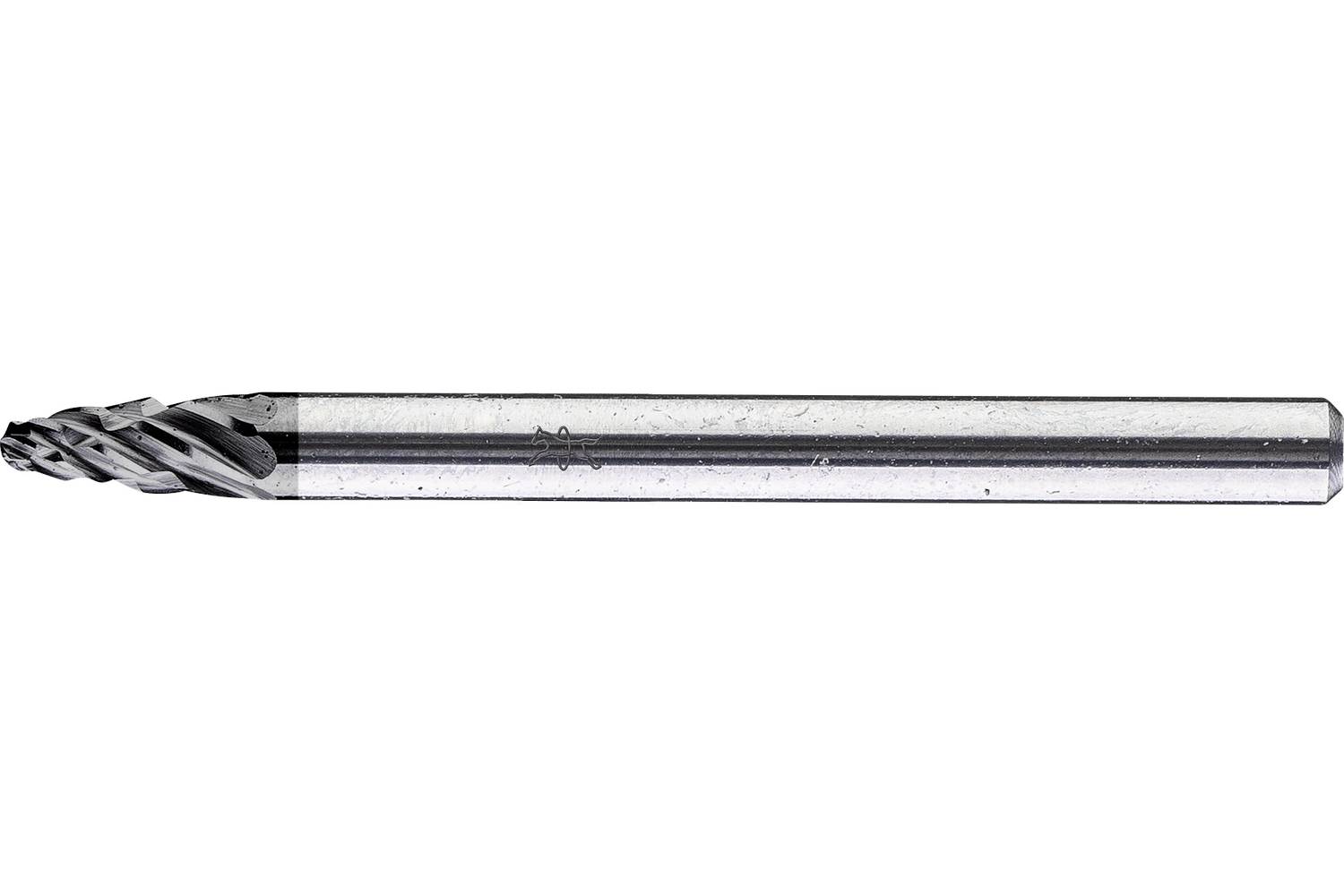 Close-up of a metal cutting end mill with a spiral fluted tip and long cylindrical shank on a white background.